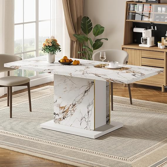 HOMISSUE 70 Faux Marble Dinner Table,Rectangle Modern White Dining Table for 6-8 People,Large Kitchen Furniture Table with Sturdy Base for Dining Room, Living Room, White