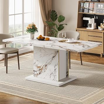 HOMISSUE 70 Faux Marble Dinner Table,Rectangle Modern White Dining Table for 6-8 People,Large Kitchen Furniture Table with Sturdy Base for Dining Room, Living Room, White