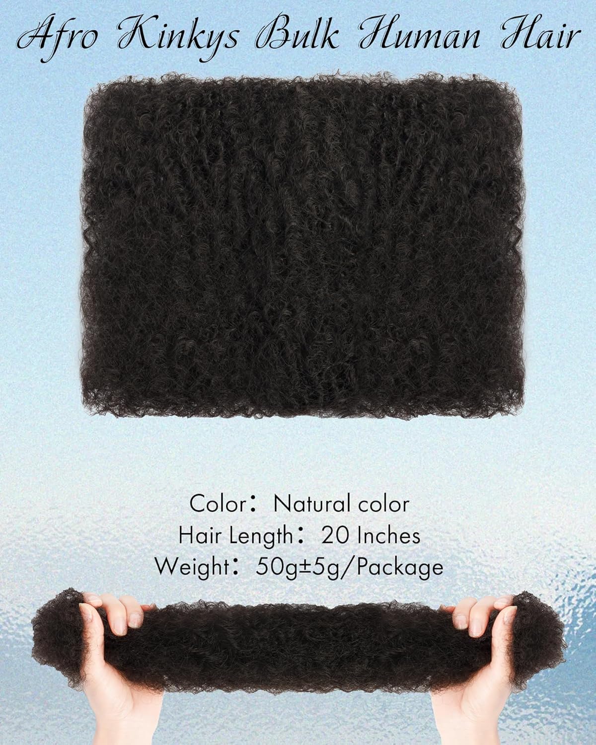 Afro Kinky Curly Bulk Human Hair Extensions 20 Inch 50g Bundles,Real Natural Kinky-Curly Braiding Hair for Dreadlocks/Locs Repair,Twist & Braids(Natural Black,1 Pack)
