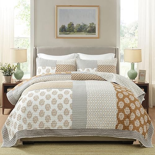 Miniatura 8 de Finlonte - Juego de edredón de algodón tamaño Queen acolchado 3 piezas reversible ligero decoración de cama para todas las estaciones colcha de