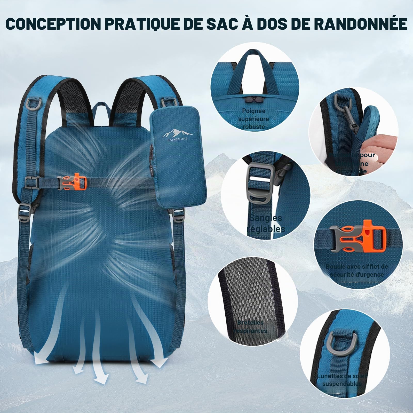 RAINSMORE Sac a Dos Randonnee 40L Pliable Ultraléger Sac à Dos