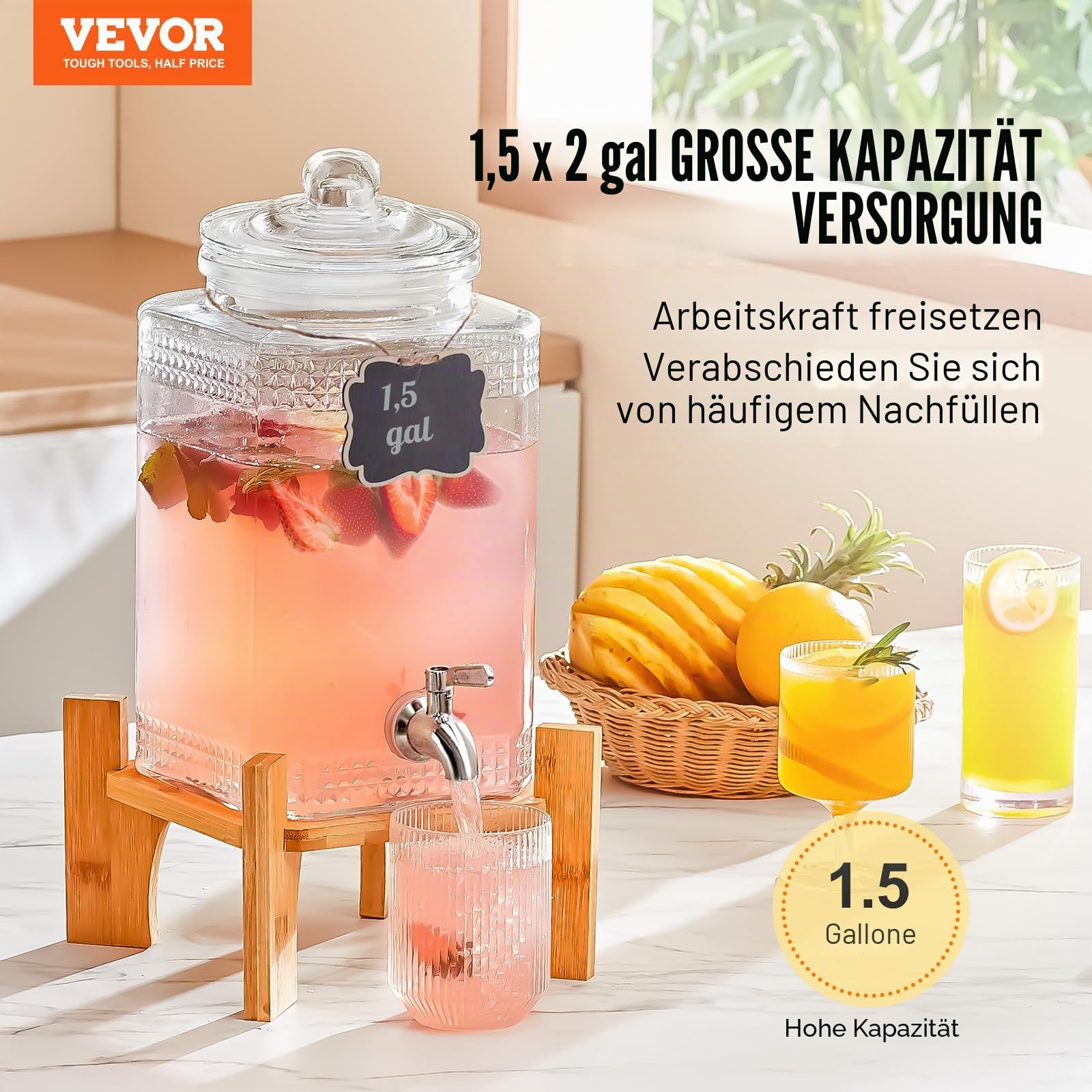 VEVOR Getränkespender, 1,5 Gallonen Getränkespender für Partys, Saftspender aus Glas mit Ständer, Zapfhahn aus Edelstahl, Eistee-Limonadensaft-Wasserspender, für Restaurants, Hotels, Partys