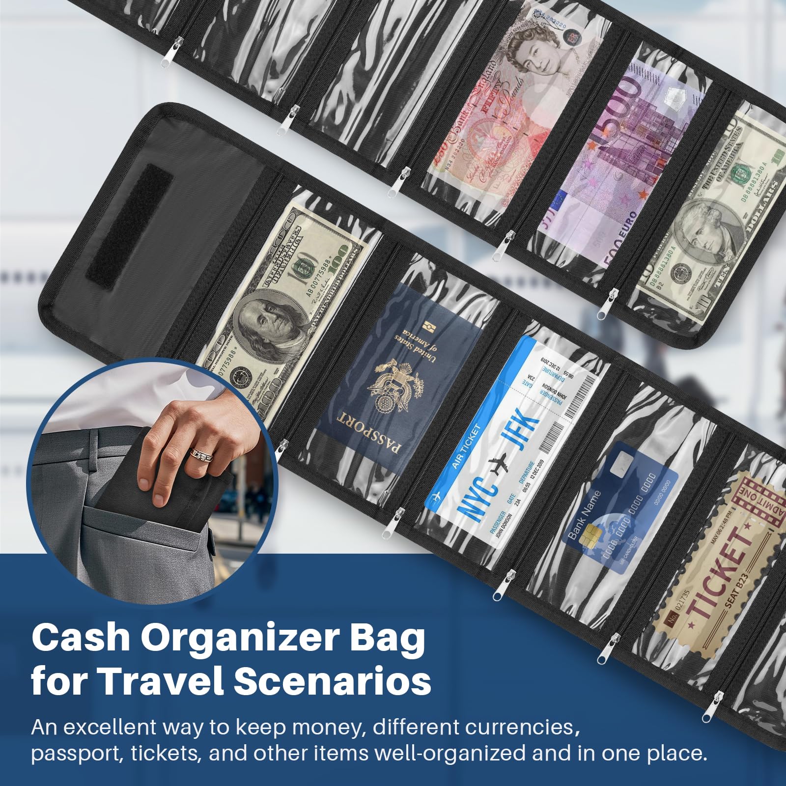 Cash Organizer Wallets For Men 6 Zipper Waterproof Pouch