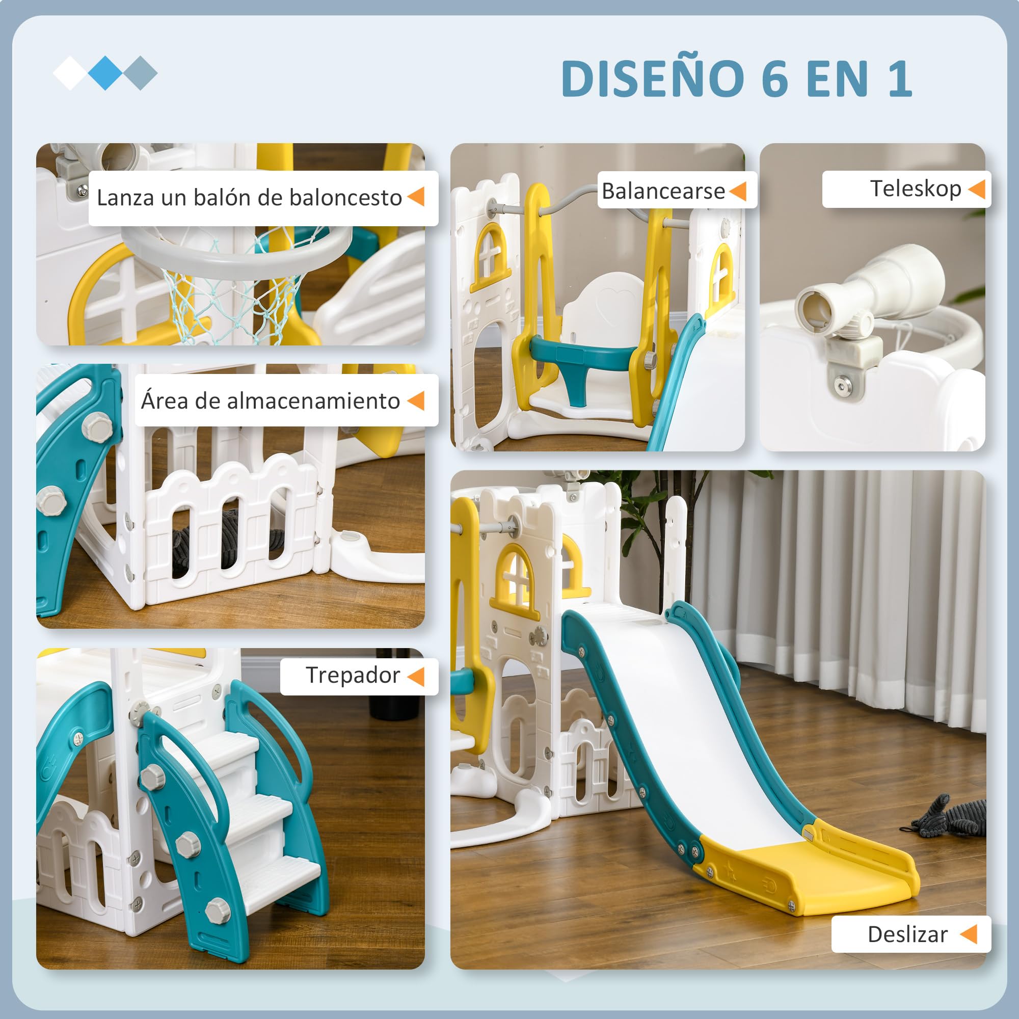 AIYAPLAY Tobogán Infantil 6 en 1 Parque Infantil con Columpio y Tobogán Telescopio Aro de Baloncesto Espacio de Almacenamiento para Interior Multicolor