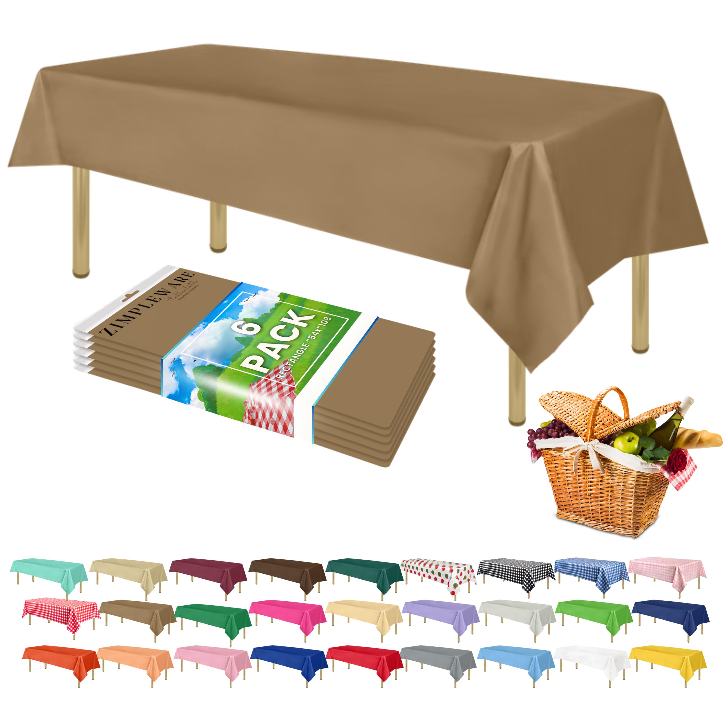 ZIMPLEWARE Premium Gold Plastic Table Cloth Disposable (6 Pk) Plastic Tablecloths for Rectangle Tables (54in x 108in) Party Table Cloths Disposable for 6ft to 8ft Rectangle Tables — image 1