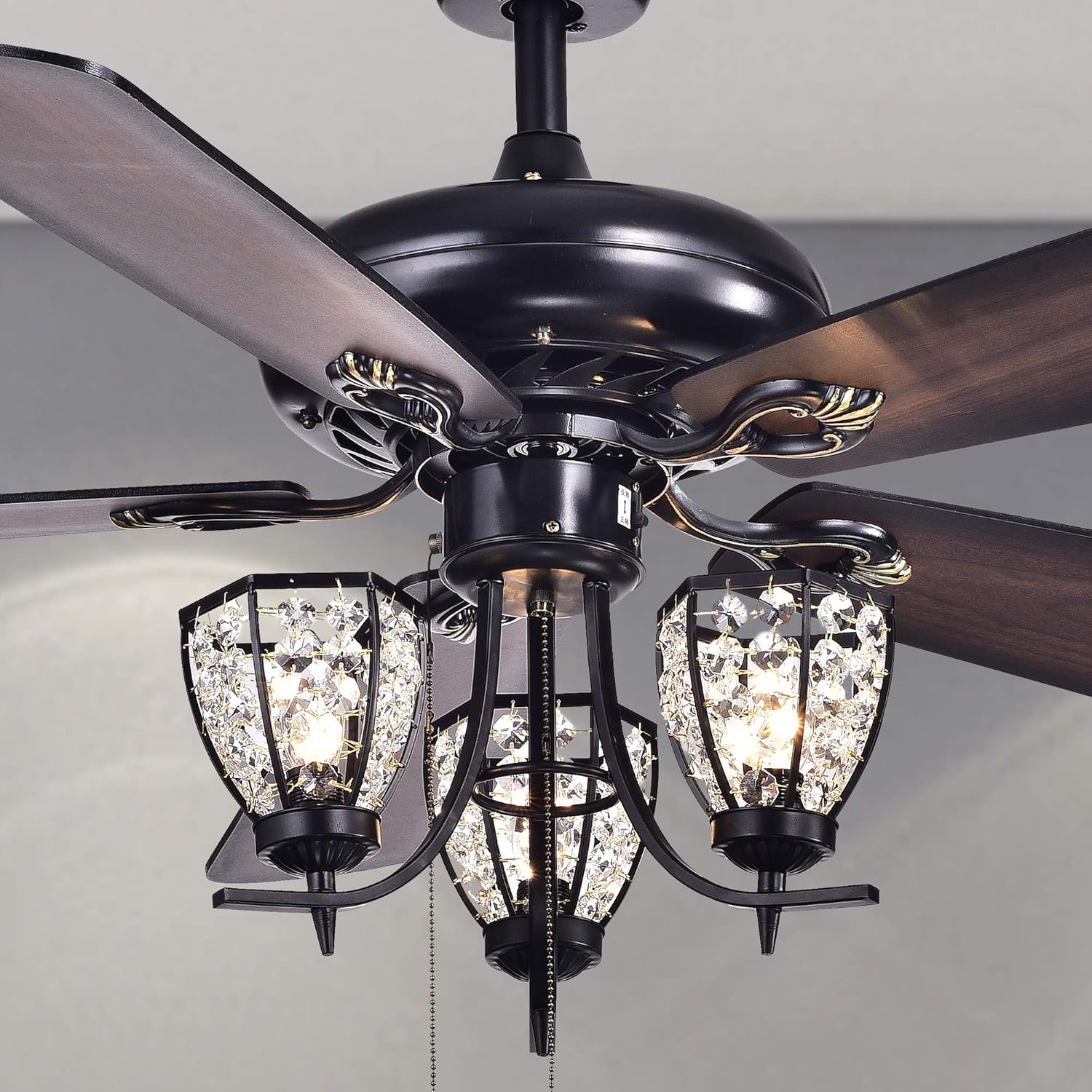 Warehouse of Tiffany Mirabelle 3-light 5-blade 52-inch Black Metal and Crystal Lighted Ceiling Fan