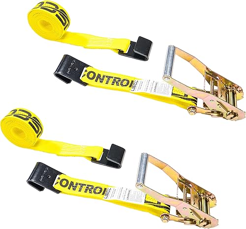 US Cargo Control, Correa de trinquete de gancho plano, correas de trinquete, 2 pulgadas de ancho x 18 pies de largo, correas de trinquete amarillas
