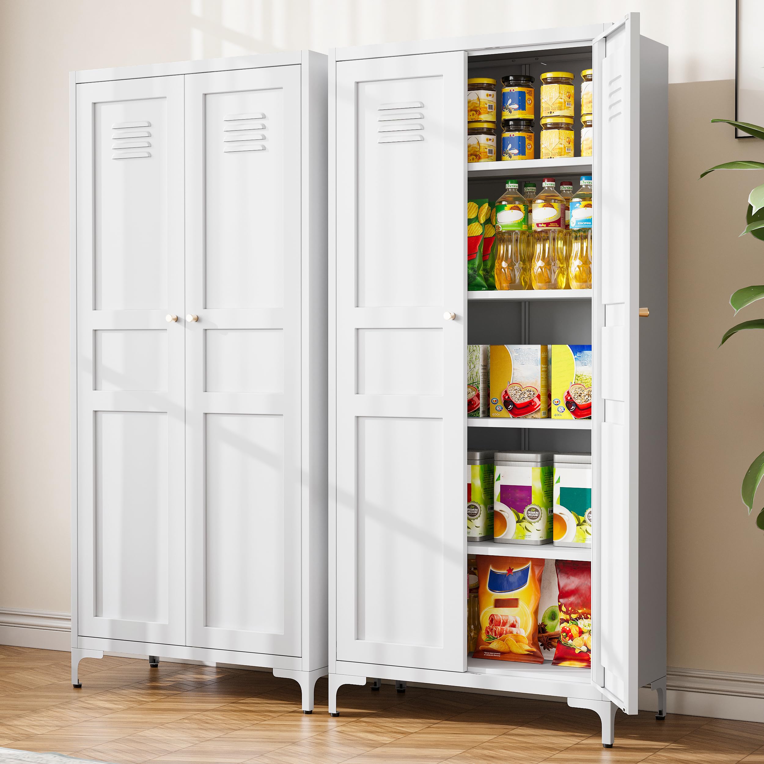 BYNSOE Kitchen Pantry Storage Cabinet with Adjustable Shelves Metal Cupboard Storage Cabinet with Adjustable Feet Pantry Cabinet for Kitchen, Living