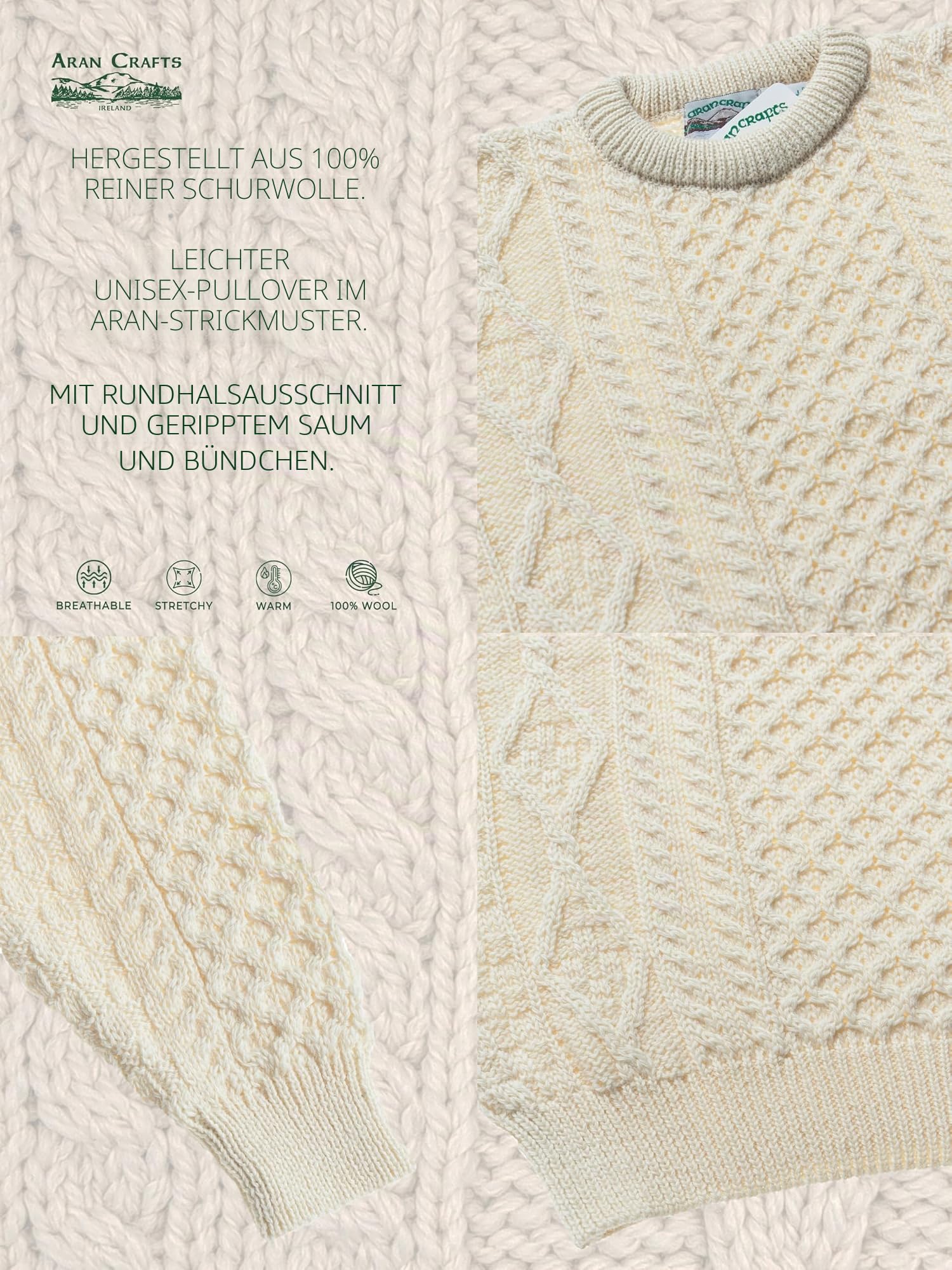 Aran Crafts Irish Soft Cable Knitted Crew Neck Unisex Sweater (100% Pure New Wool)