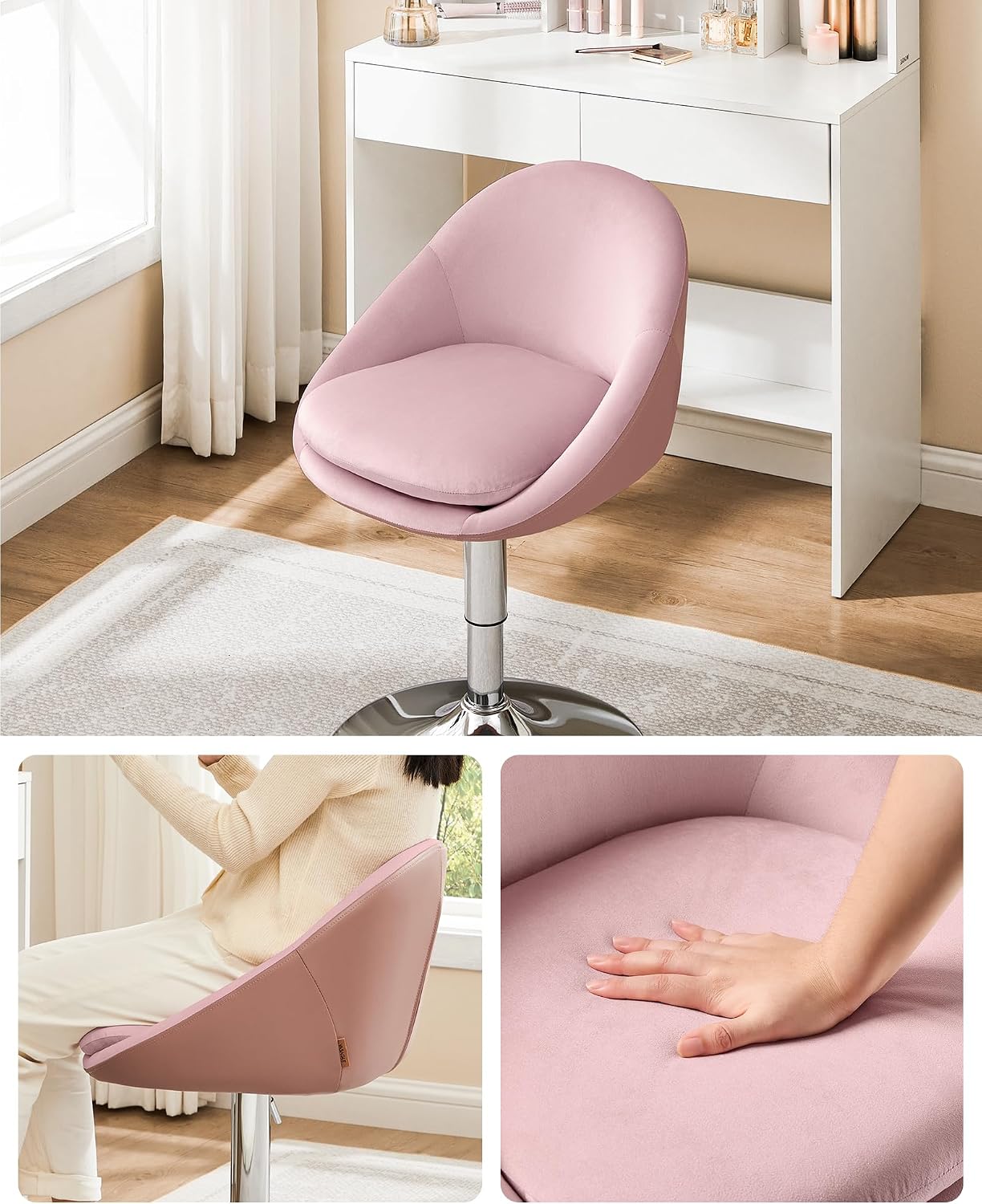 VASAGLE Adjustable Dressing Chair Office Swivel Chair Bar Stool with Backrest and Base Steel for Bar Office Dressing Table Dining Room Candy Pink LJB100R01 image 4