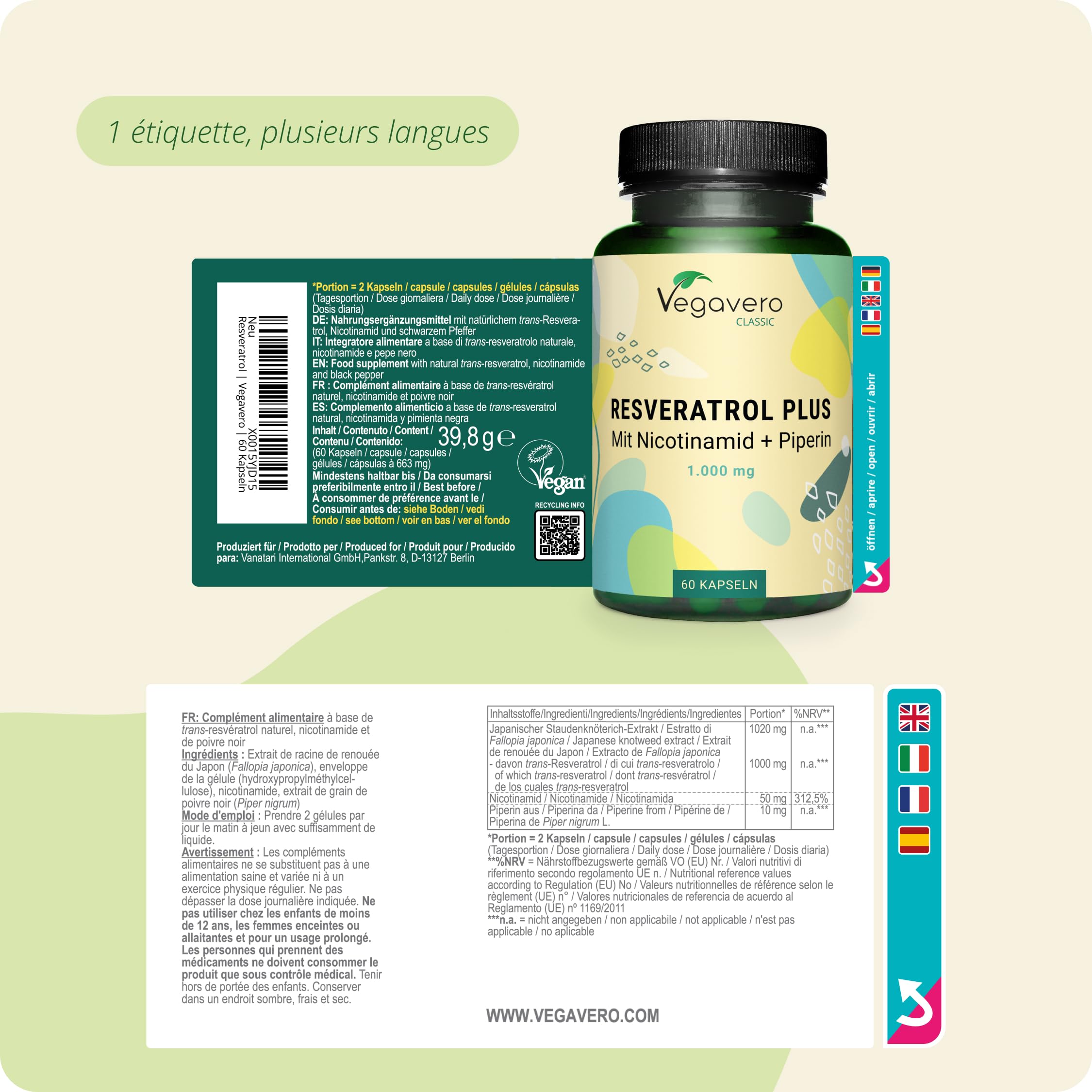 Trans Resveratrol 1000mg | UNIQUE : Le Seul Avec Nicotinamide & Pipérine | Anti Age + Antioxydant Puissant | Vegan & Sans Additifs | Vegavero®