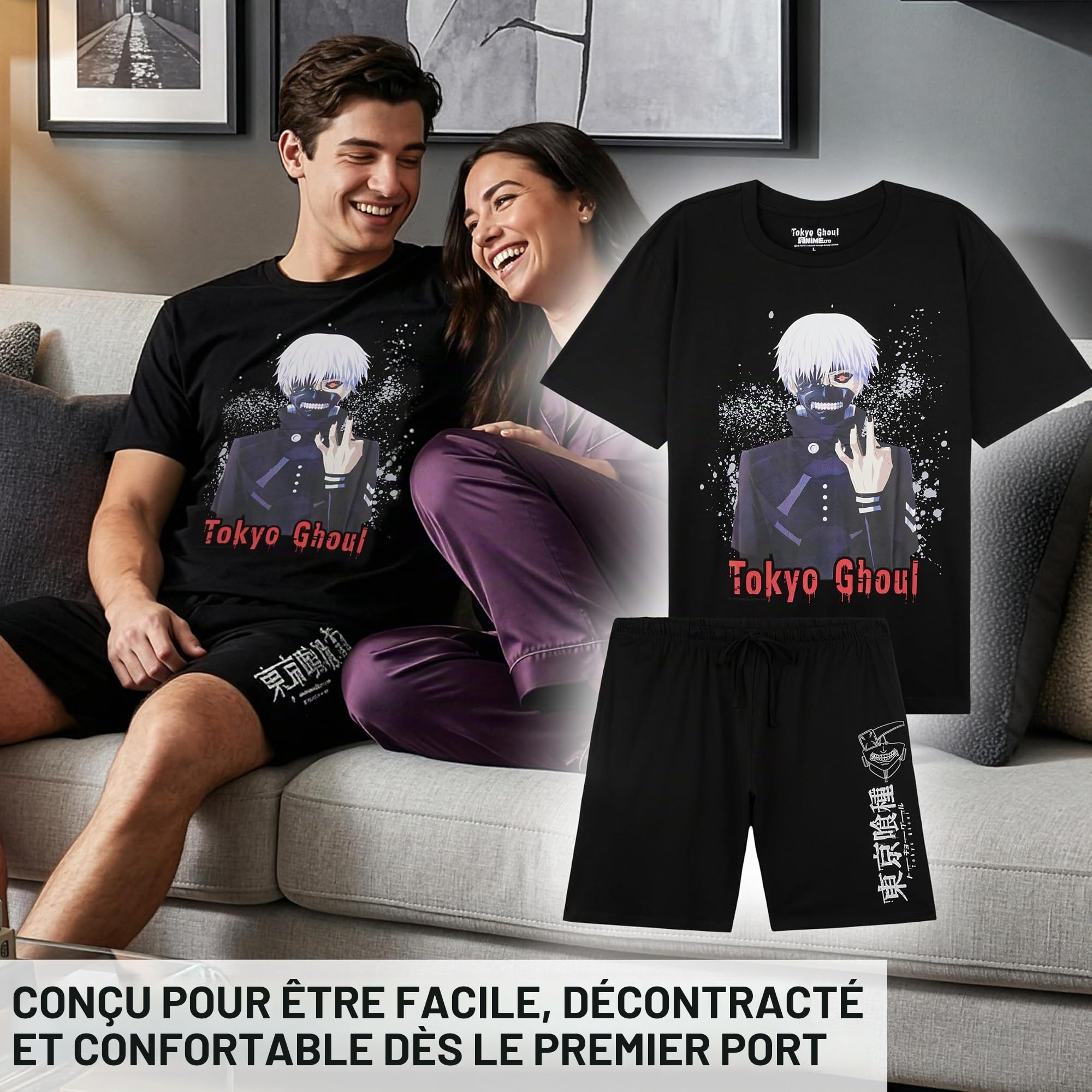 Get Trend Attack on Titan | Death Note | Tokyo Ghoul Pyjama Homme XS-XL, Pyjama Homme Court Coton avec T-Shirt et Short, Ensemble Pyjama Homme Été, Idée Cadeau Anime