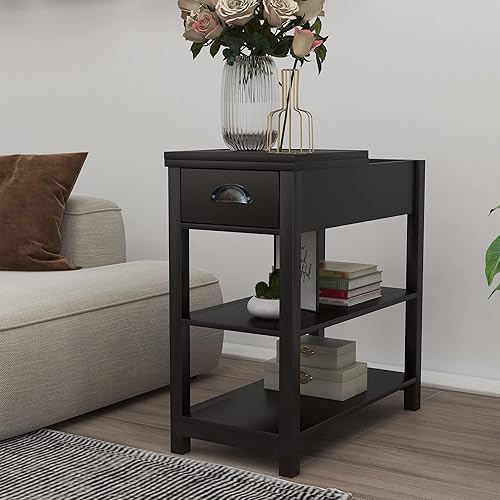 Locsear Mesa auxiliar con almacenamiento de mesa auxiliar estrecha con tapa abatible, moderna mesita de noche con cajón y estantes, mesita de noche