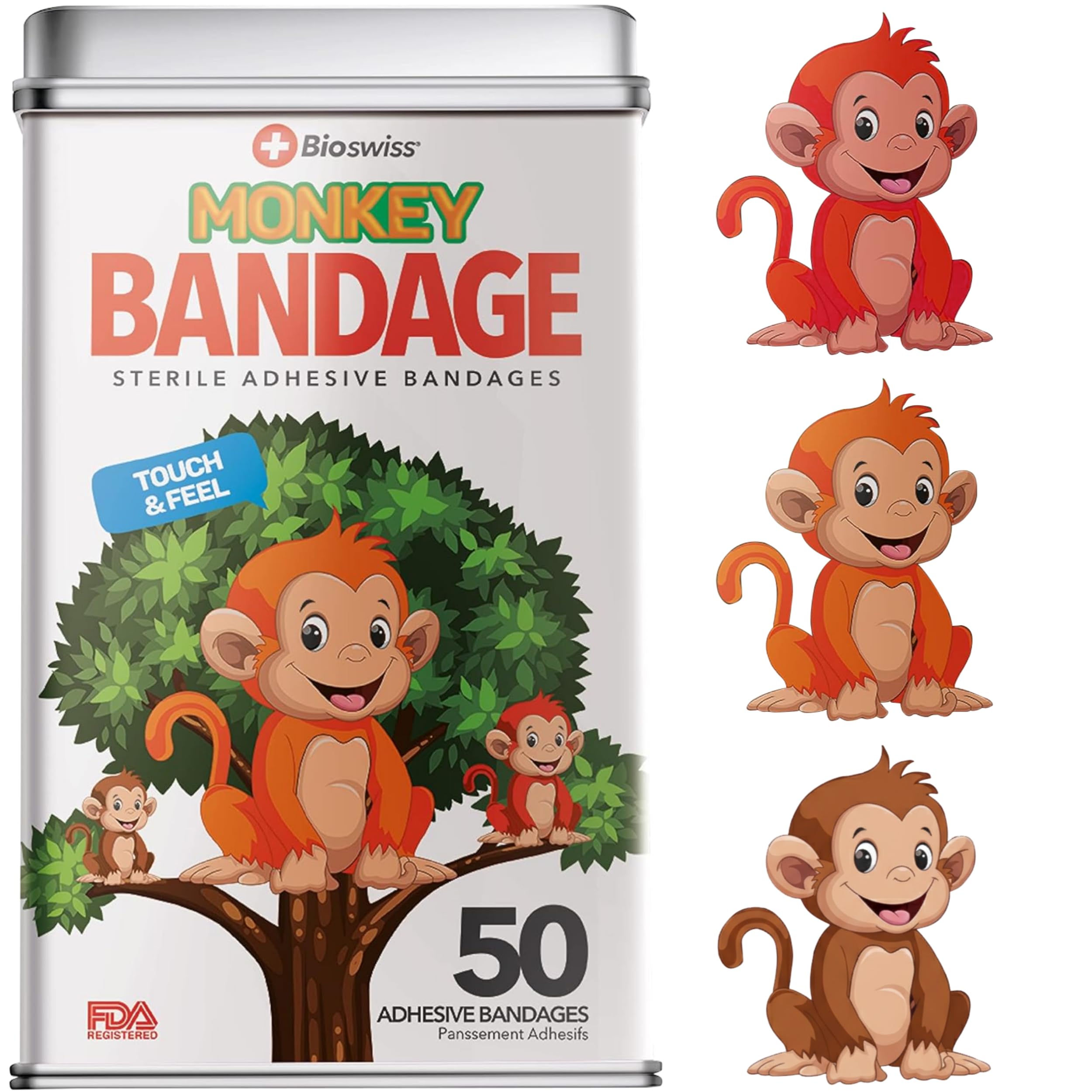 BioSwiss Bandages, Monkey Shaped Self Adhesive Bandage Set, Latex Free, Sterile Wound Care, 50 Count