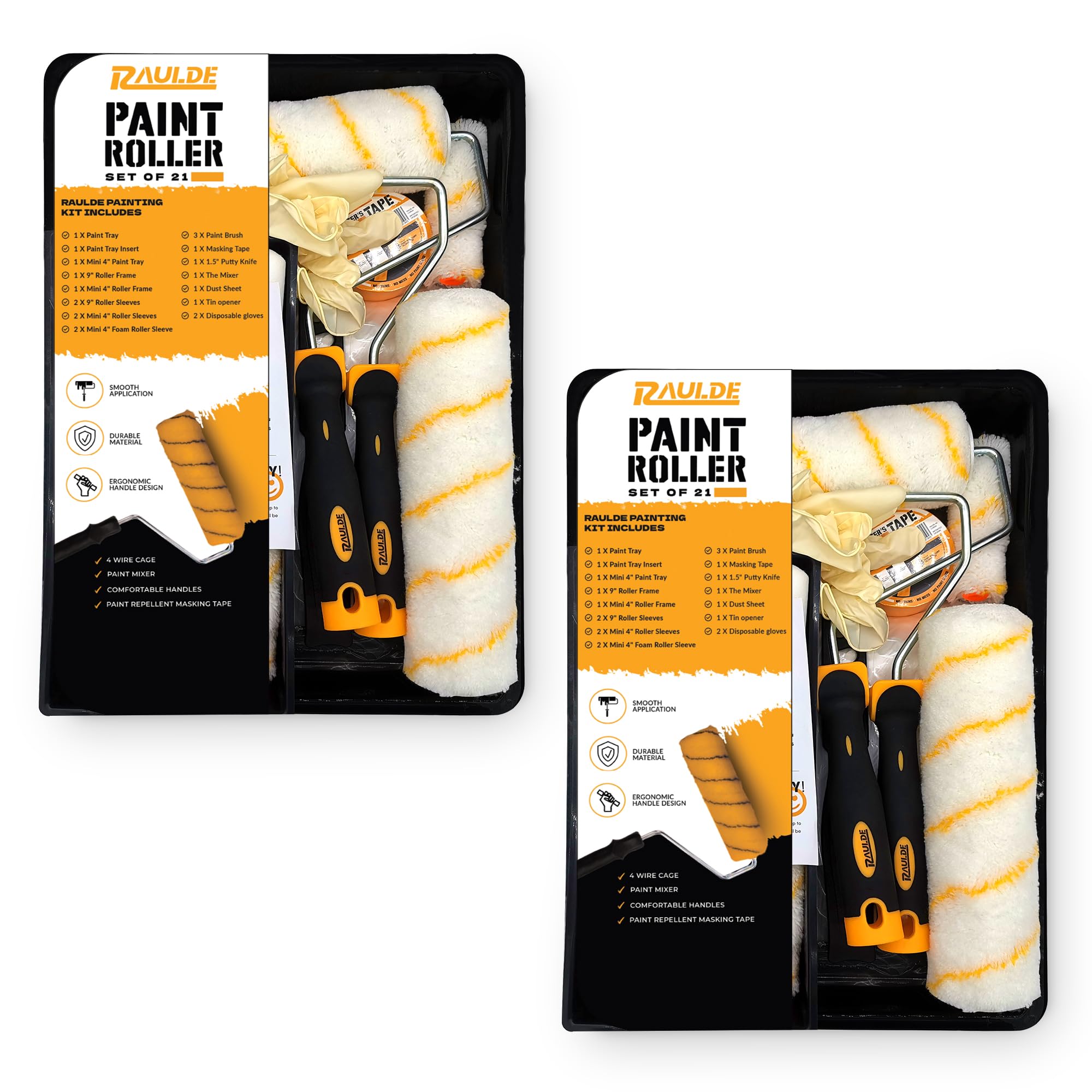 Bundle of 2 - Paint Roller Set of 21 - Paint Rollers and Trays Sets - Paint Brush, Masking Tape for Painting, Paint Mixer - Roller Sets for Painting Walls, Edges & Ceilings