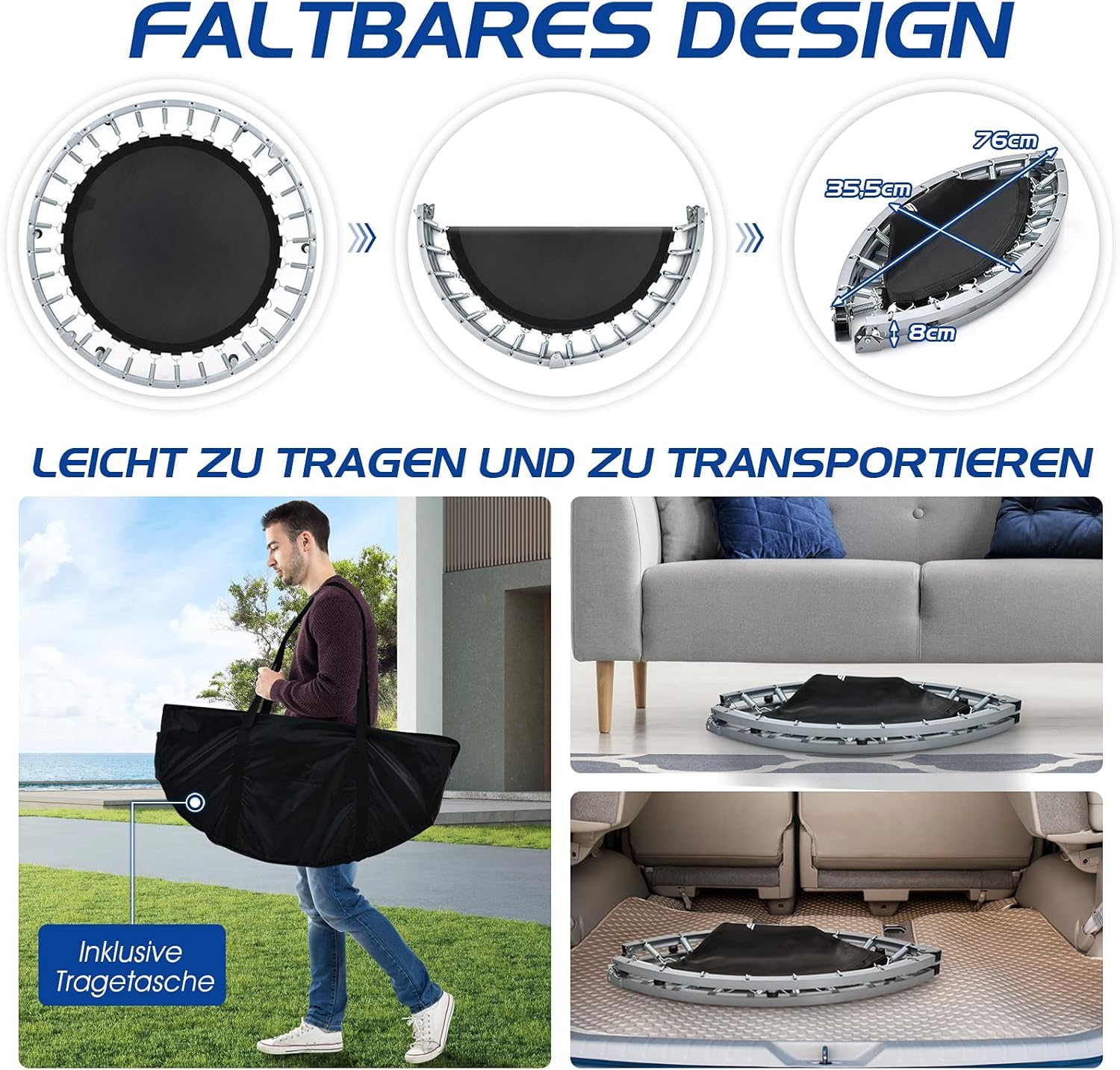 FANTASK φ101 cm mini trampolina, obciążenie do 150 kg, składana, trampolina ogrodowa dla dorosłych i dzieci, z uchwytem o regulowanej wysokości