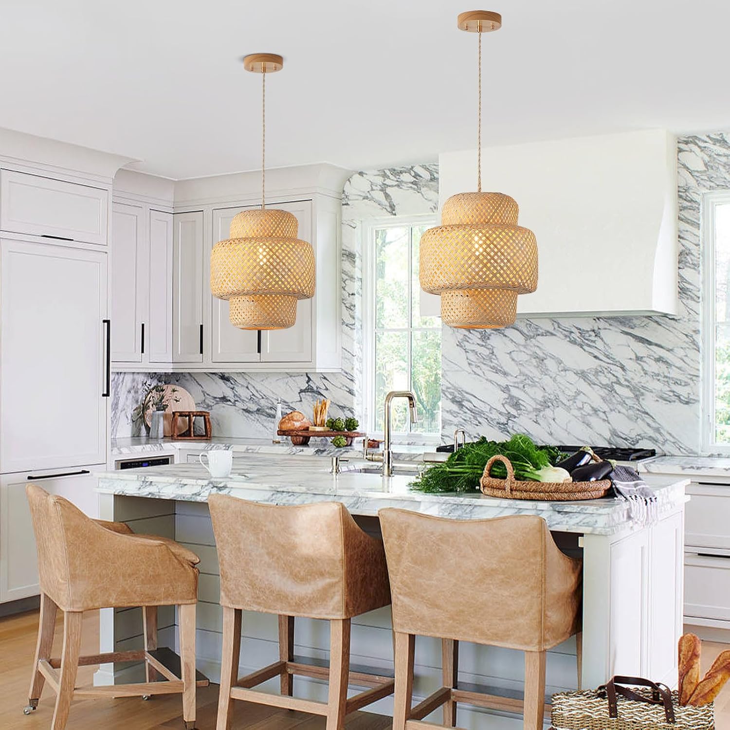 Bamboo Pendant Light Fixture One-Light Adjustable Boho Basket Handmade Woven Pendant Lighting for Kitchen Island Hallway Farmhouse Dining Room