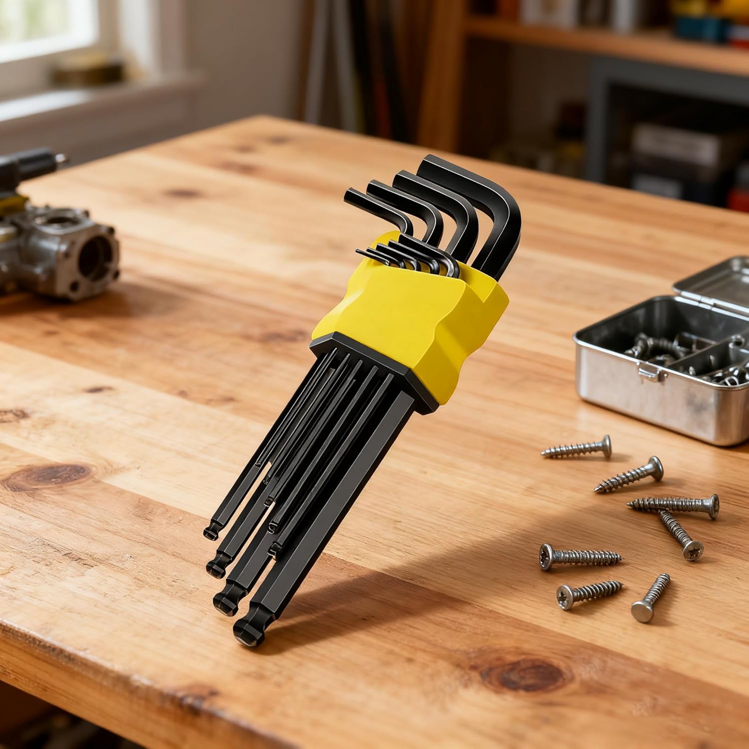 9 Pcs Color-coded Hex Key Set with Ball-ends,Long-arm L-shaped Hex Keys for Bicycle,Household,and Automotive Repairs