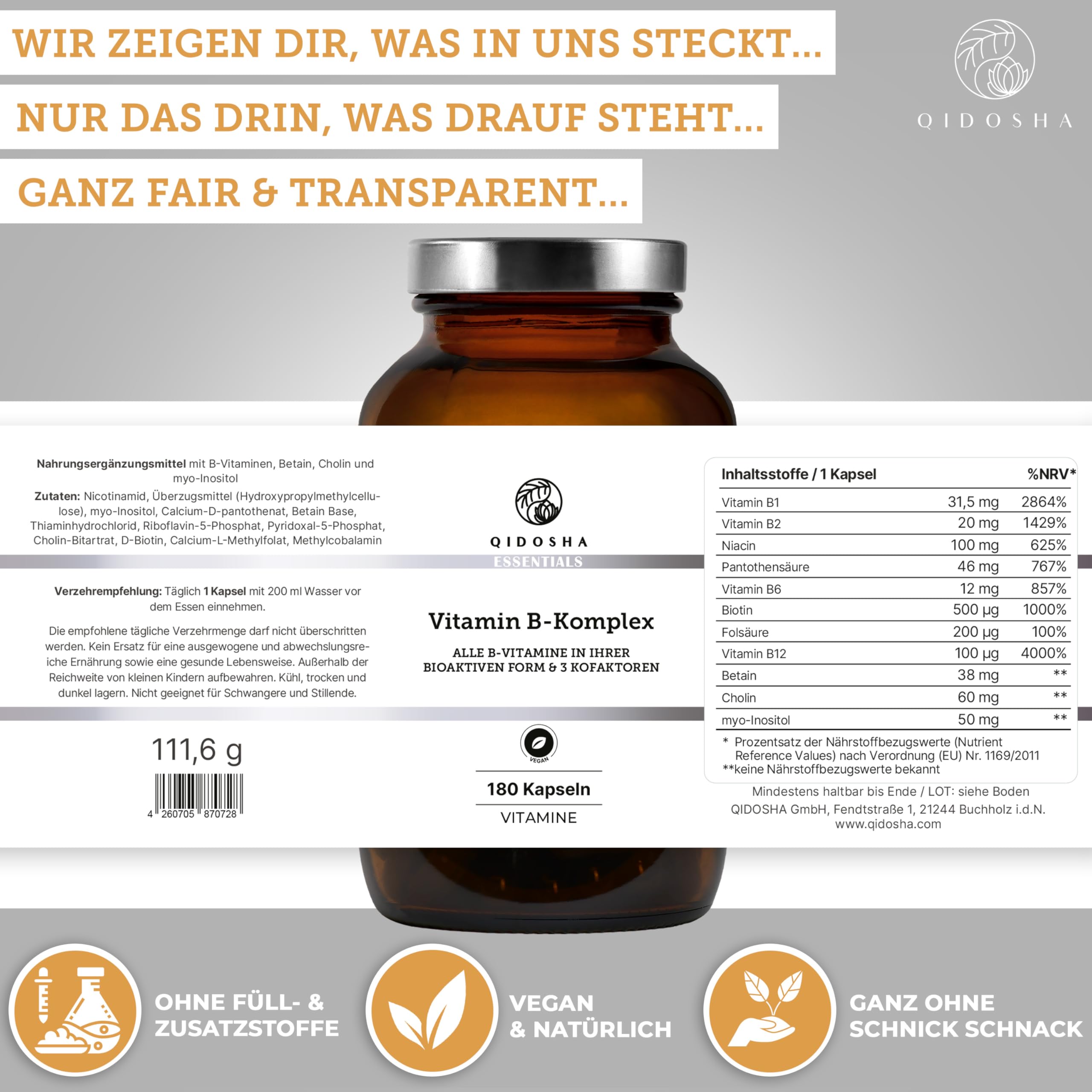 QIDOSHA® Vitamin B Komplex ultra-hochdosiert & bioaktiv plus Kofaktoren, 180 Kapseln im Glas, B Vitamine hochdosiert in ihrer bio-aktiven Form, B Vitamine aktiviert Komplex, vegan (Packung mit 2)