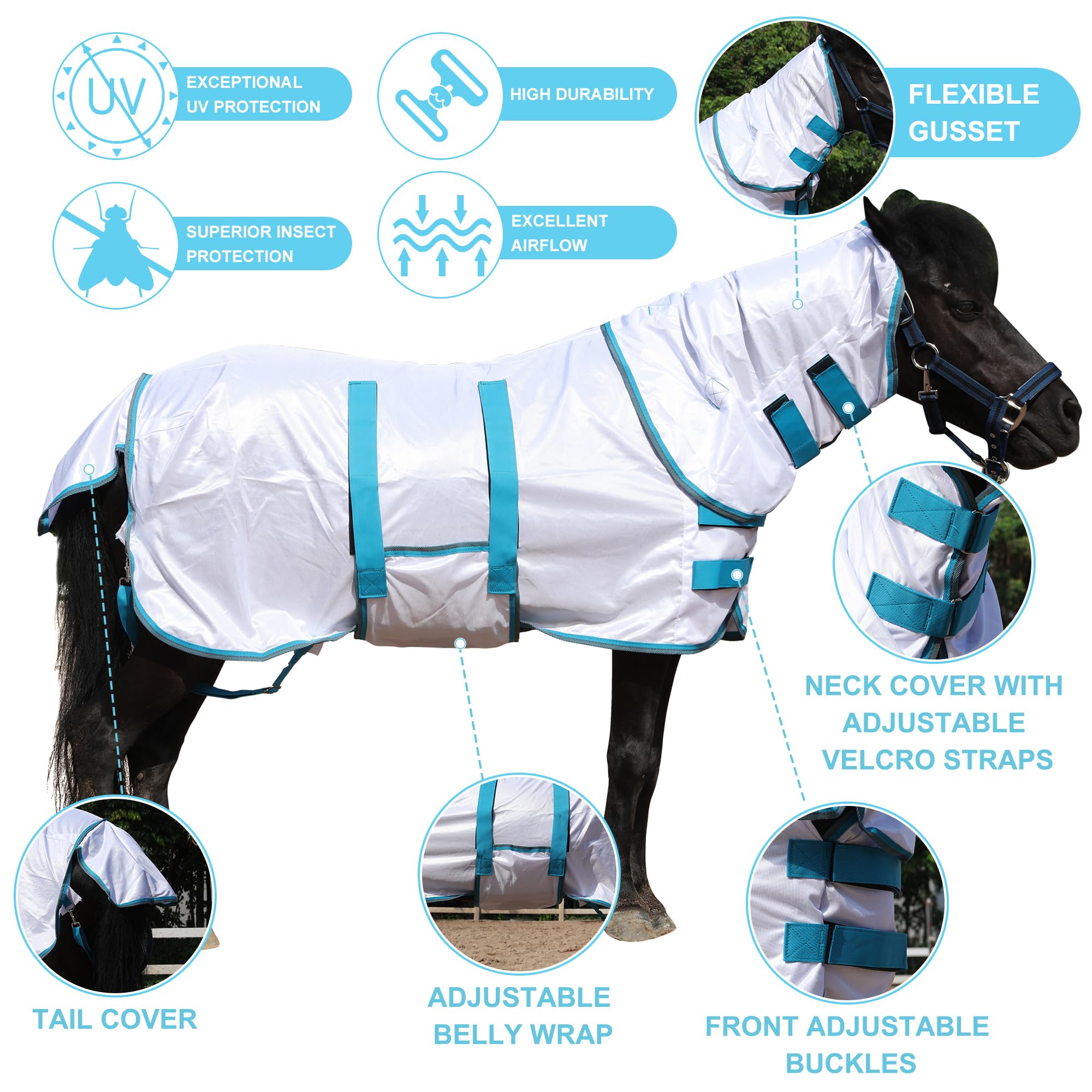 Leberna Miniature Fly Rug Combo for Shetland Pony Donkey, Section A and Miniature Horse, Insects Flies Bug Protection (White, 3' 8") - Image 2