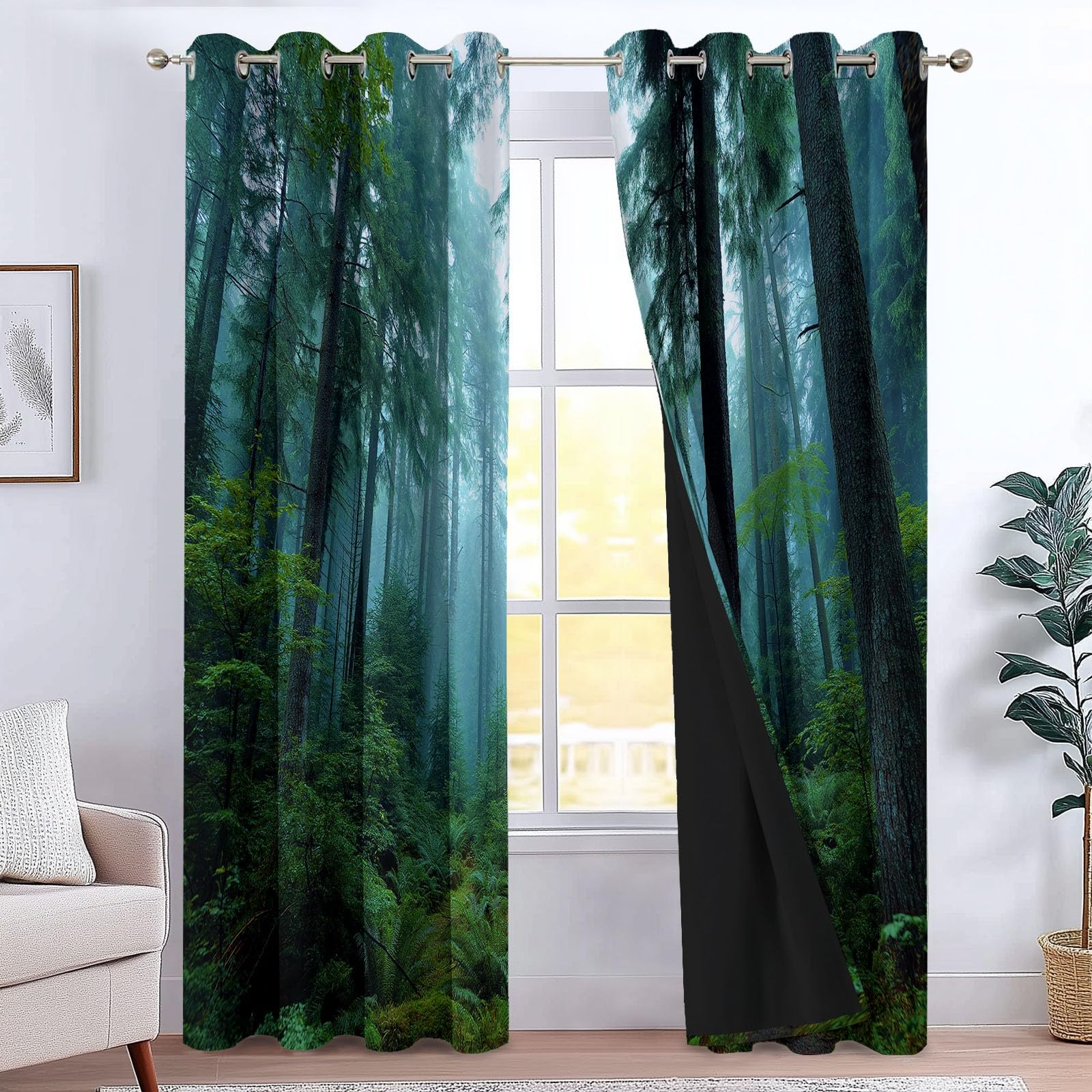 Verdunklungsvorhänge Wald Nebel Kinderzimmer Vorhänge Blickdicht, Dunkelgrün Thermovorhang mit Ösen, für Schlafzimmer Fenster & Balkon Geheimnis Bäume - 110 x 215 cm (2er Set)
