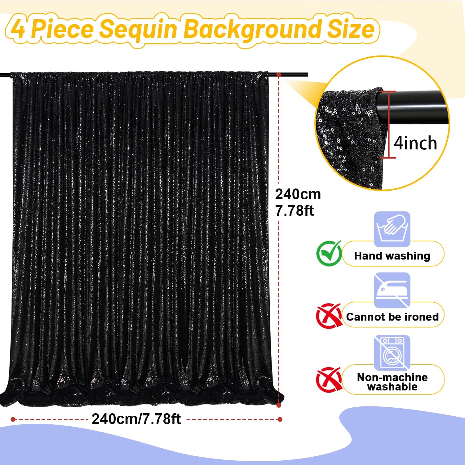 4 pezzi Tenda con paillette - 60x240cm Sfondo a Tende con Sequin per Laurea Scuola Feste Decor feste di compleanno, matrimonio, palcoscenico -Nero