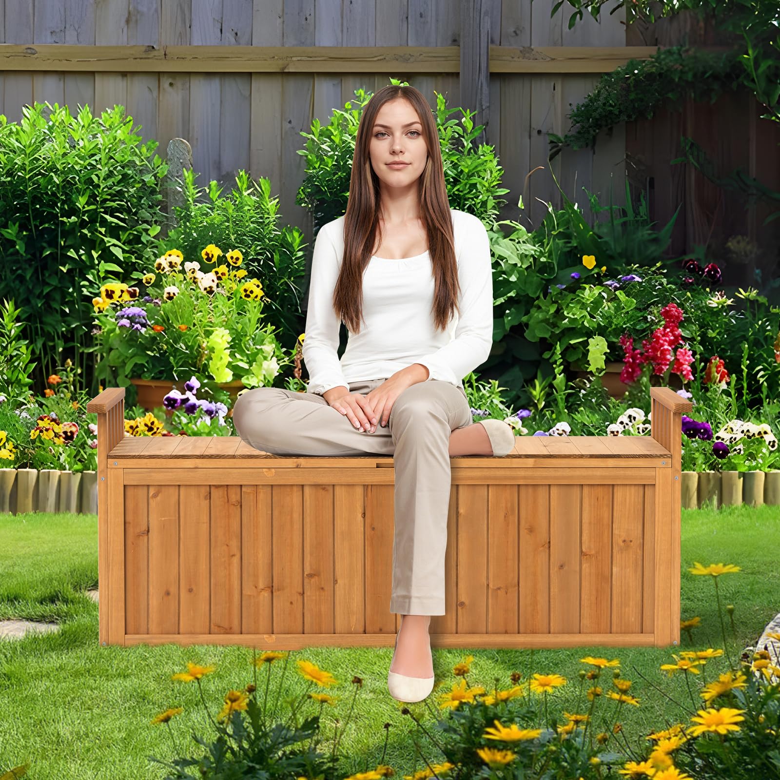 HOMASIS Cassapanca da Esterno Impermeabile 209L, Baule da Esterno in Legno con Coperchio e Braccioli, Panca Contenitore Resistente alle Intemperie per Balcone, Terrazzo, 128 x 58 x 53 cm (Naturale)