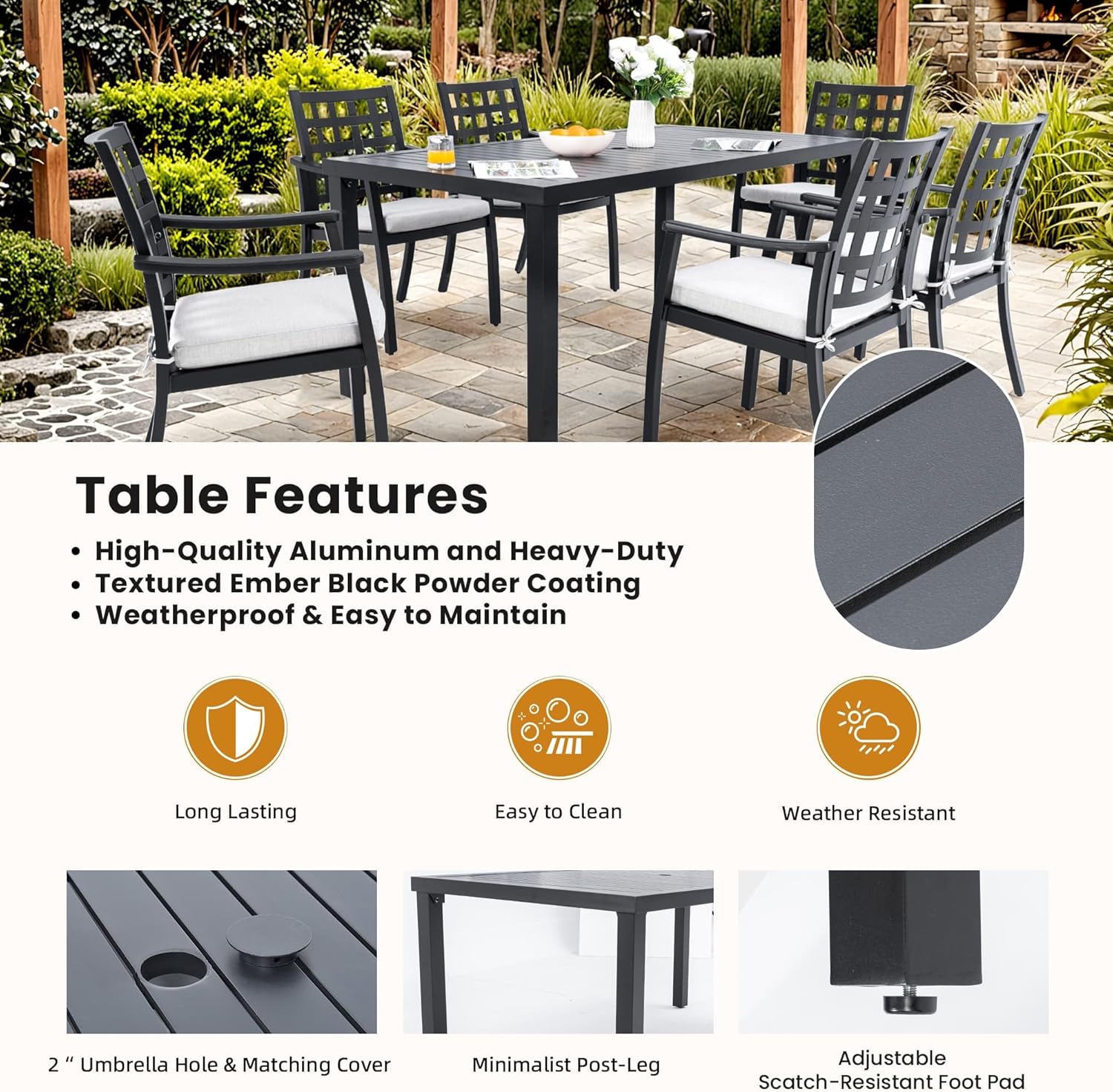 ZeHuoGe 35.5" x 67" Rectangular Outdoor Patio Dining Table with Adjustable Foot Pads, Umbrella Hole with Matching Cover