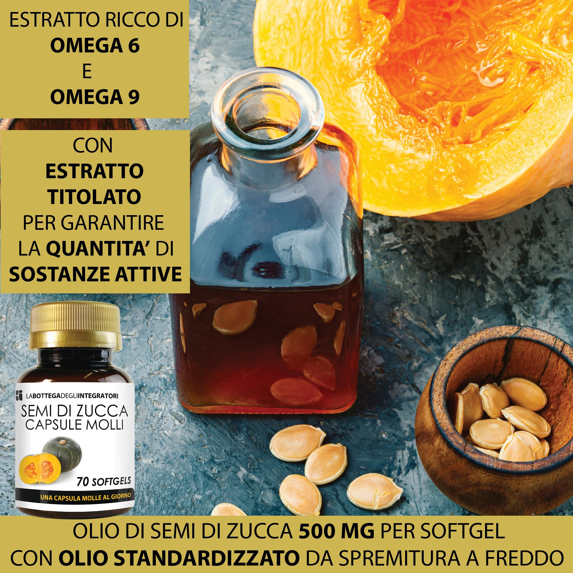 Semi di Zucca 280 Softgels | Perle con Olio Spremuto a Freddo titolato in Omega 3 Omega 6 e Omega 9, Acido Linoleico e Acido Oleico | 1 Softgel al giorno