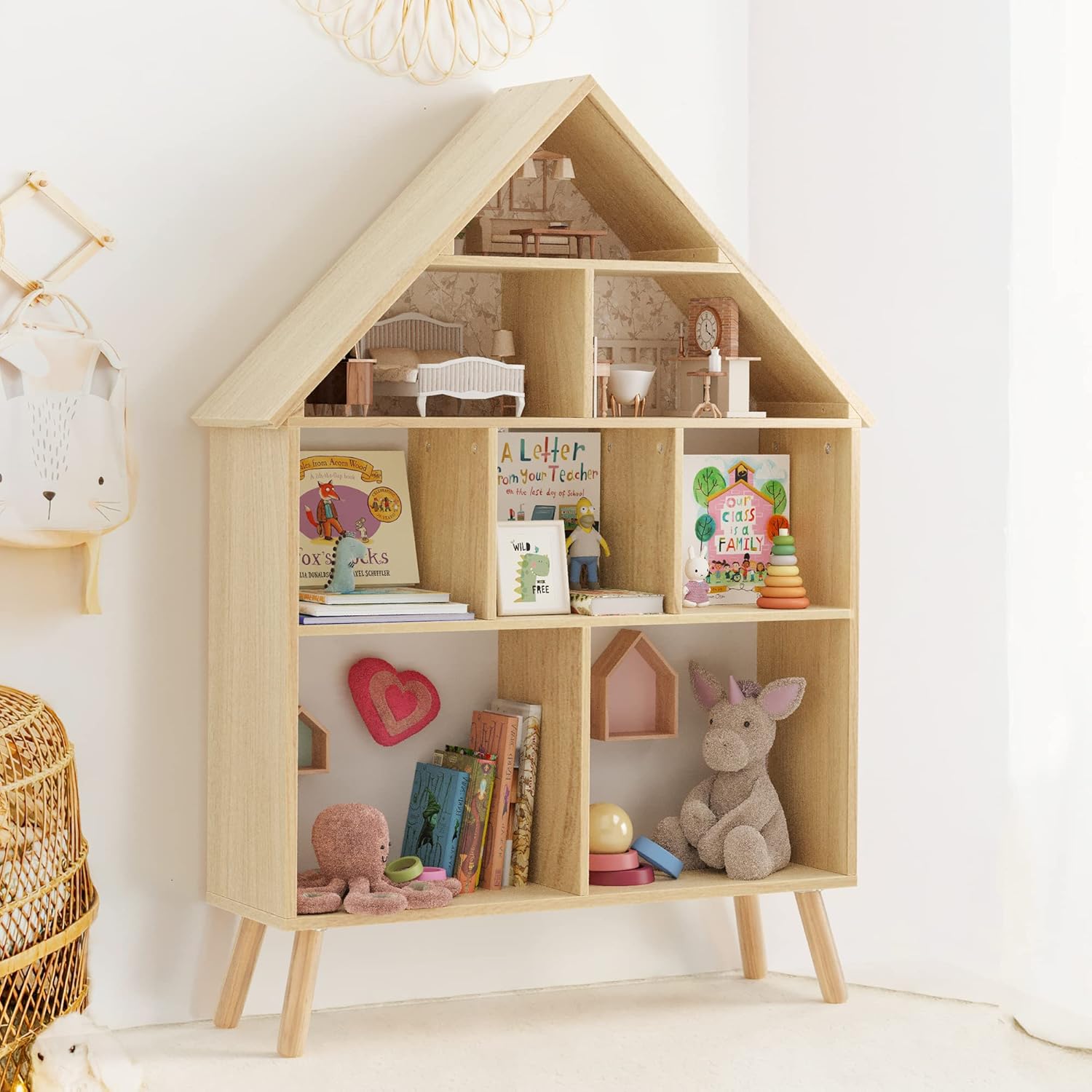Curipeer Kids Dollhouse Bookshelf And Toy Organizer, Large Wooden Stand Dollhouse