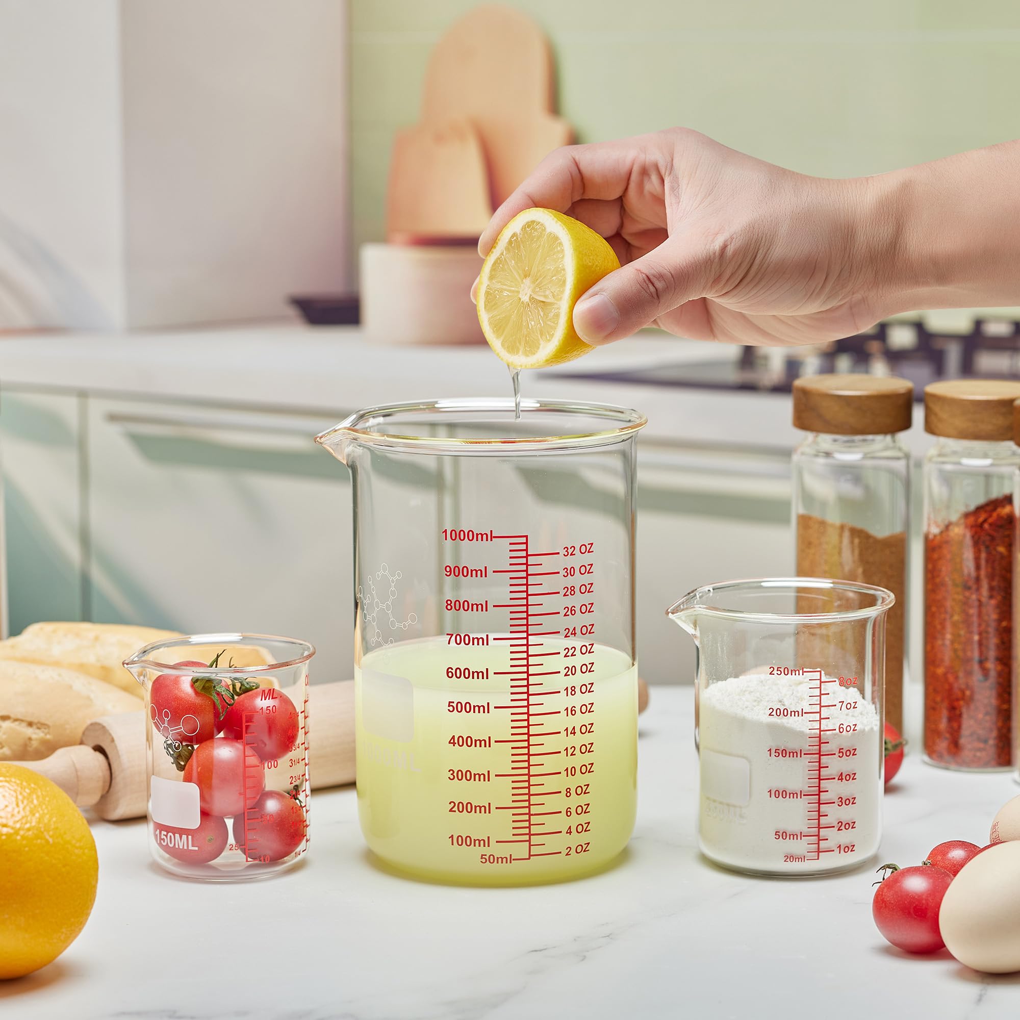 Vaso medidor de vidrio de borosilicato alto, boquilla en forma de V, 1000 ml, vaso medidor de vidrio para cocina o restaurante, fácil de leer