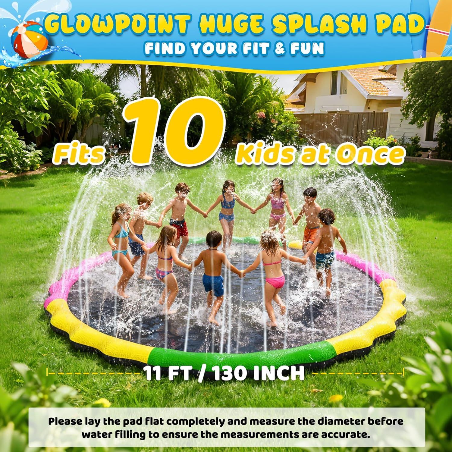 130” Extra Large Non-Slip Splash Pad for Kids & Dogs, 11FT Outdoor Water Sprinkler Pad, 0.5mm Thickened Tear-Resistant PVC, Kids Water Toy & Dog Pool for Backyard Family Fun