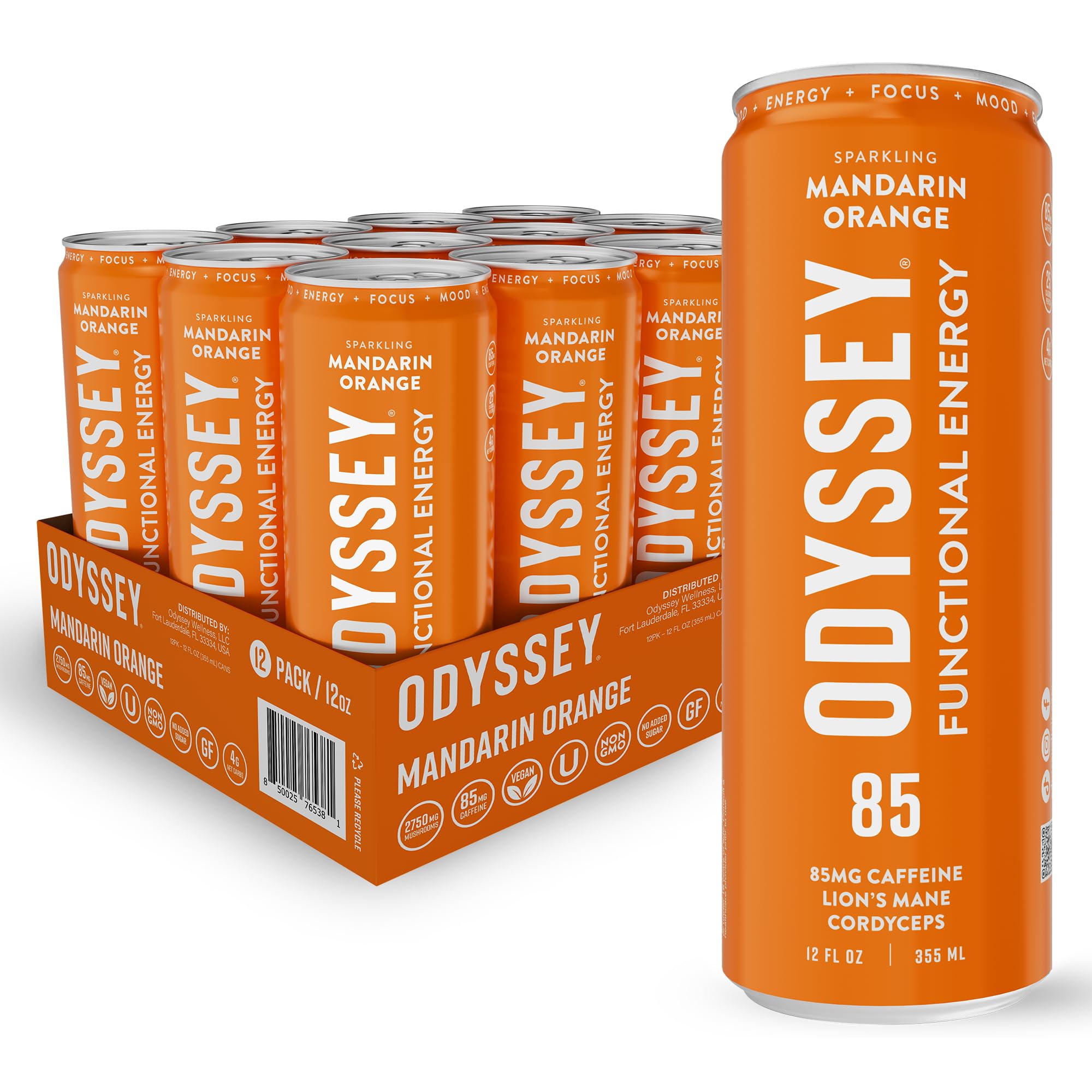 Odyssey Functional Energy Drink for Focus, Cognition & Mood Support 12 Pack - Adaptogenic Drink with 85mg Green Tea Caffeine, Lion’s Mane, Cordyceps, L-Theanine & Ginseng, Sparkling Orange