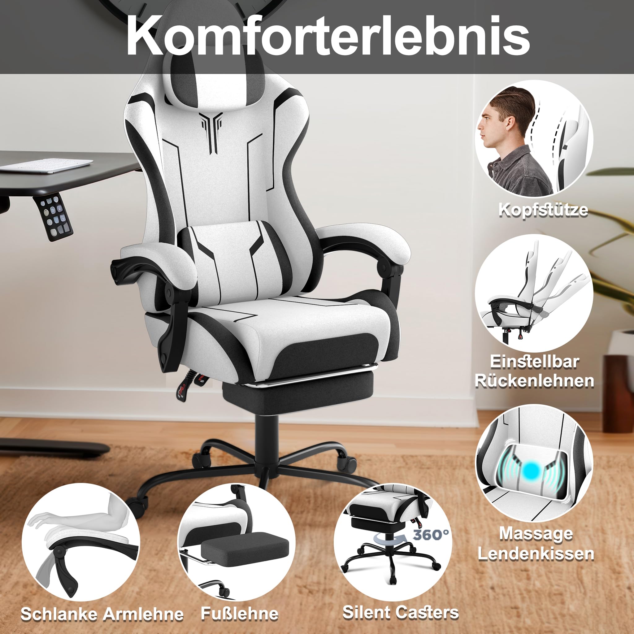 Fotel gamingowy z masażem wibracyjnym i podnóżkiem, ergonomiczny fotel e-sportowy z poduszką, podłokietnikami, krzesło biurowe, do 135 kg, z regulacją wysokości, biały, welurowy