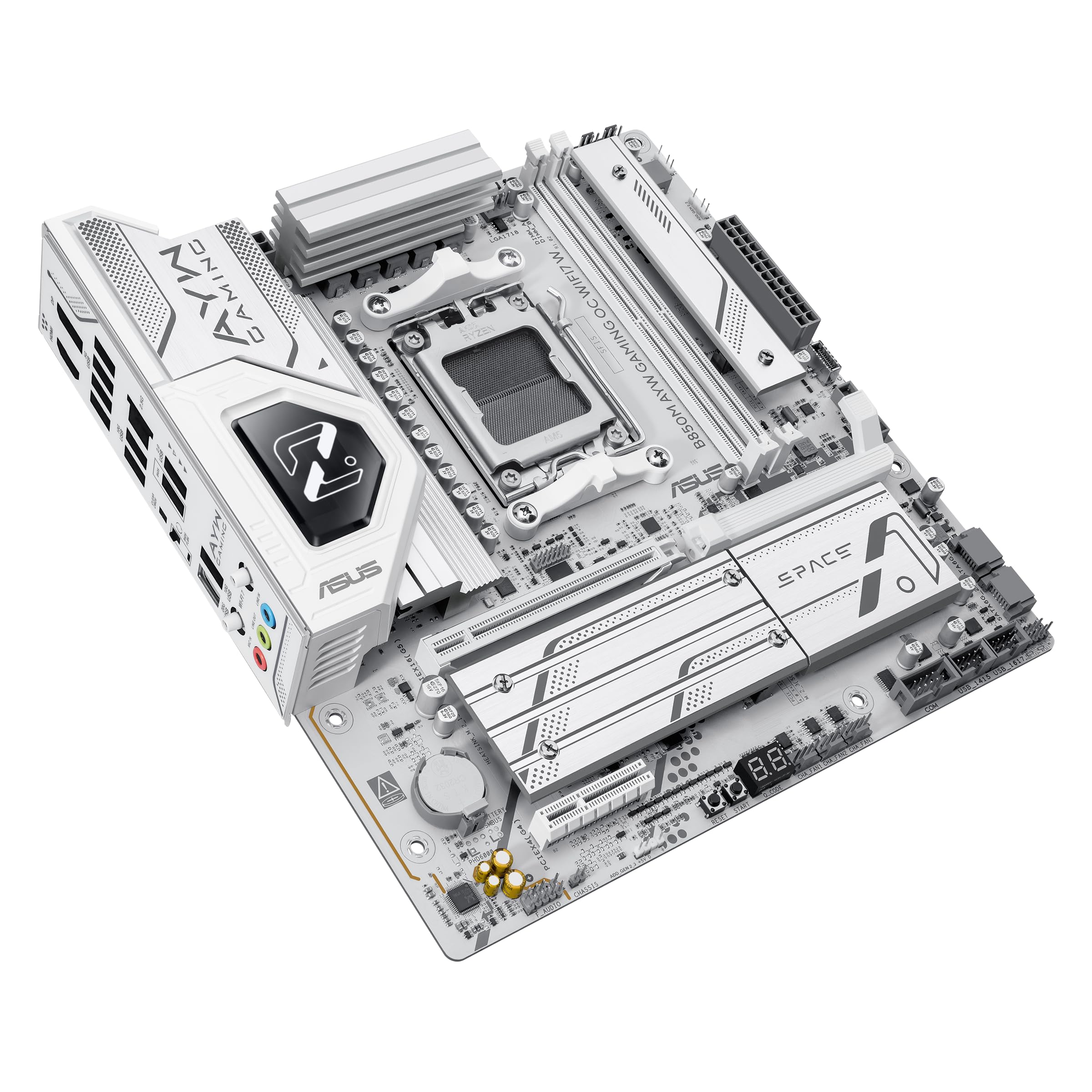 ASUS B850M AYW Gaming OC WIFI7 W, Placa Base AMD Micro-ATX, 12+2+1 Fases de alimentación, DDR5, PCIe 5.0, 3 Ranuras M.2, Wi-Fi 7, Ethernet Realtek 2.5 GB, USB-C de 20 y 10 Gbps, BIOS Flashback, Aura