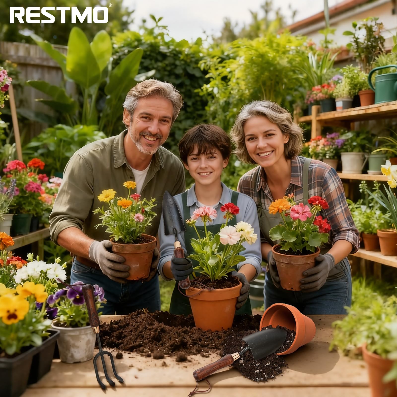 RESTMO 3-teiliges Gartengeräte-Set, Gartenwerkzeuge aus Kohlenstoffstahl mit Holzgriff, inklusive Gartenschaufel, Pflanzkelle und Gartenkralle, Geschenk für Gartenliebhaber