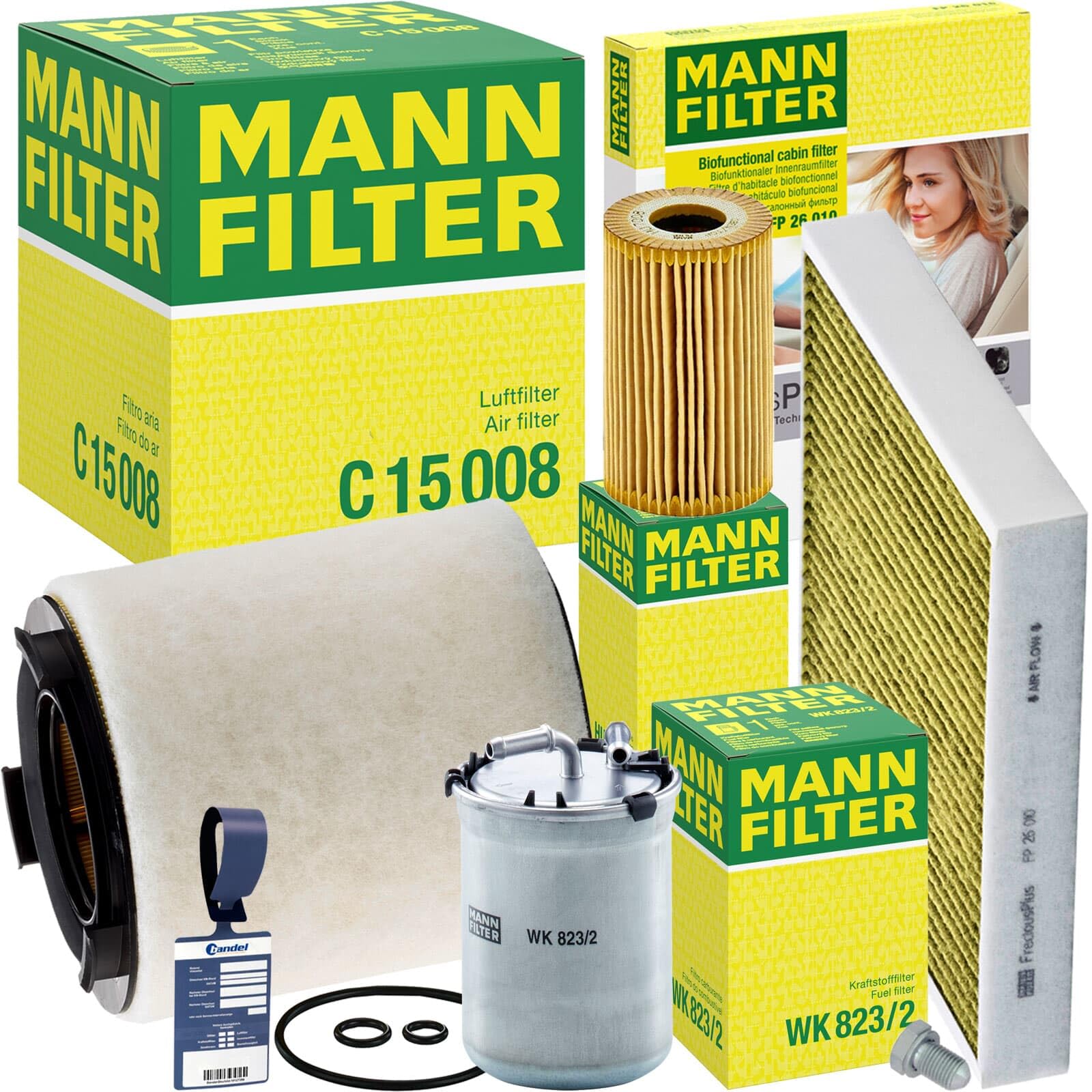 Mann Inspektionspaket | FP26010+C15008+HU7008Z+WK823/2+588.670.001+MN1801 passend für A1 8X Polo 6R Roomster/ 1.6 Tdi