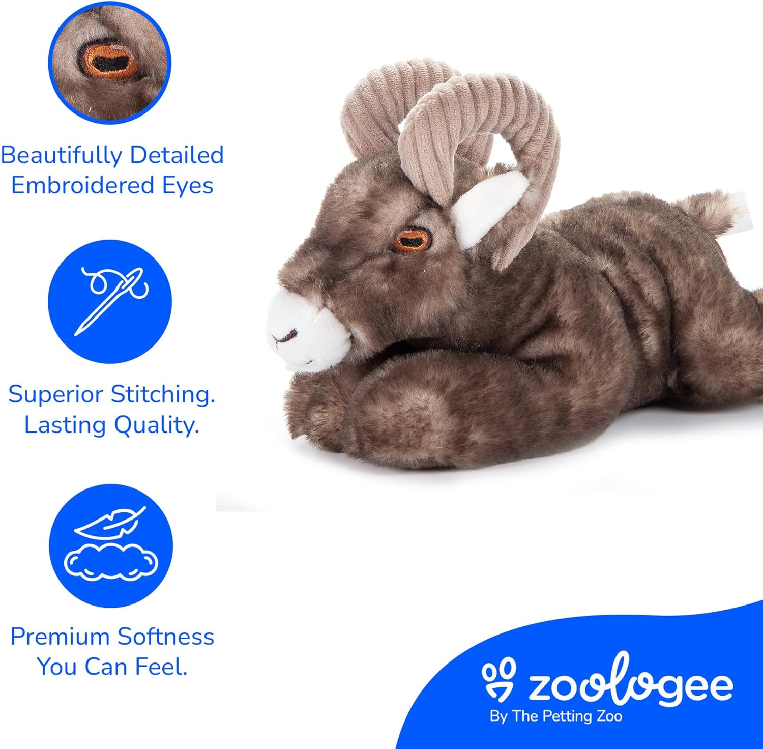 The Petting Zoo Bighorn Sheep Stuffed Animal Plushie, Gifts for Kids, Earth Keeperz Wildlife Animals, Zoologee Brown Bighorn Sheep Plush Toy, 10 inches