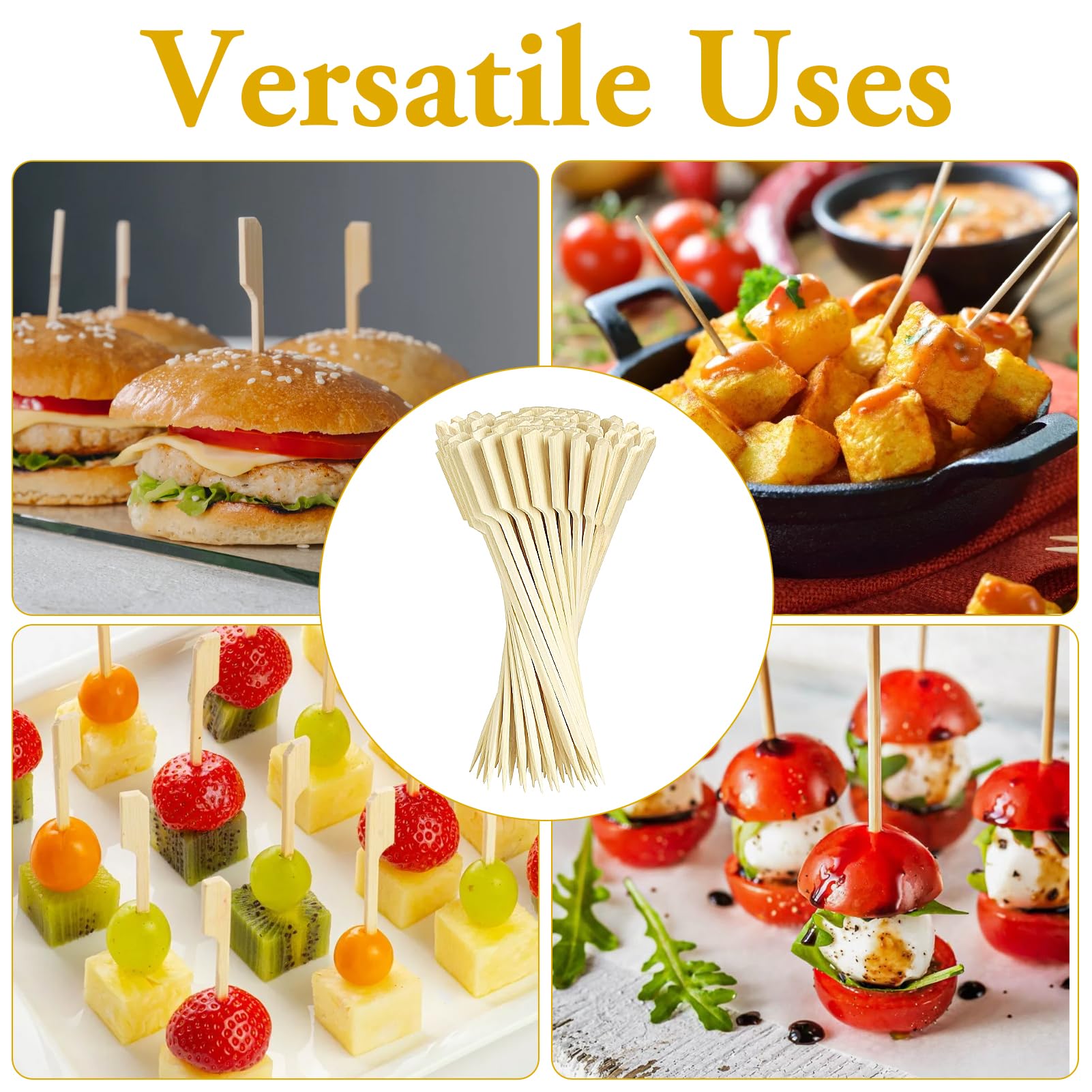 Brochettes en Bambou de 9 cm, 200 Pics en Bambou de Cocktail Brochettes pour Apéritif, Brochette en Bois Bâtonnets pour Cocktails, Fruits, Sandwichs