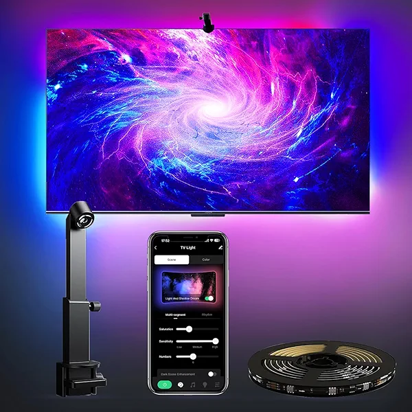 CCILAND TV LED Backlight with Camera for 55-65 inch Screens, 13Ft LED Strip Lights Sync to Screen & Music, RGB Built in Chip Strip Lights Color Changing, Smart App Control, USB Power