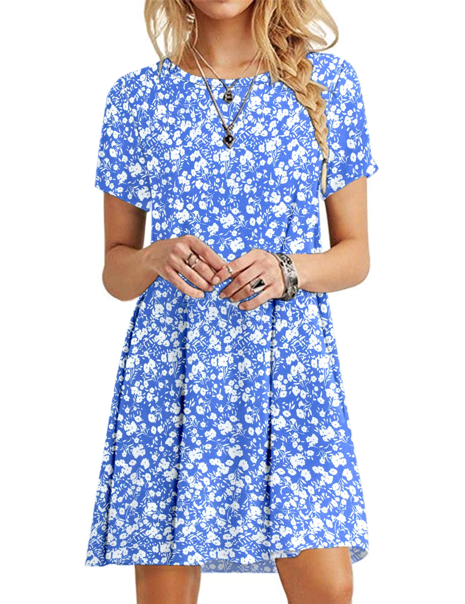 MOLERANI Ladies Dresses for Women UK Casual T-Shirt Dress Short Sleeve Ladies Beach Dress (XL, Blue White Flower)