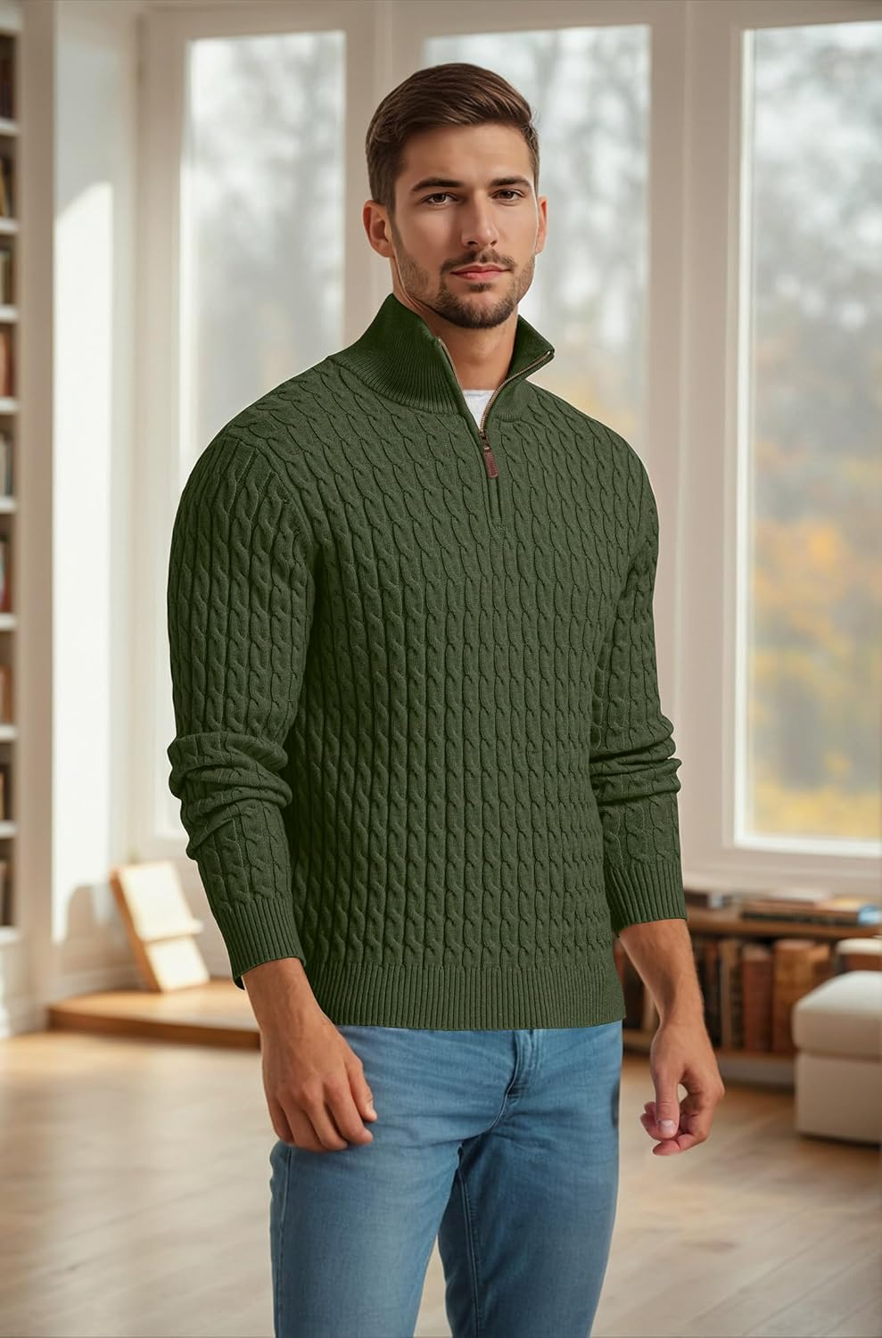 Askdeer Men's Quarter Zip Sweater Cable Knit Mock Neck Pullover Sweater Classic Casual Pullover with Ribbing Edge - Image 3