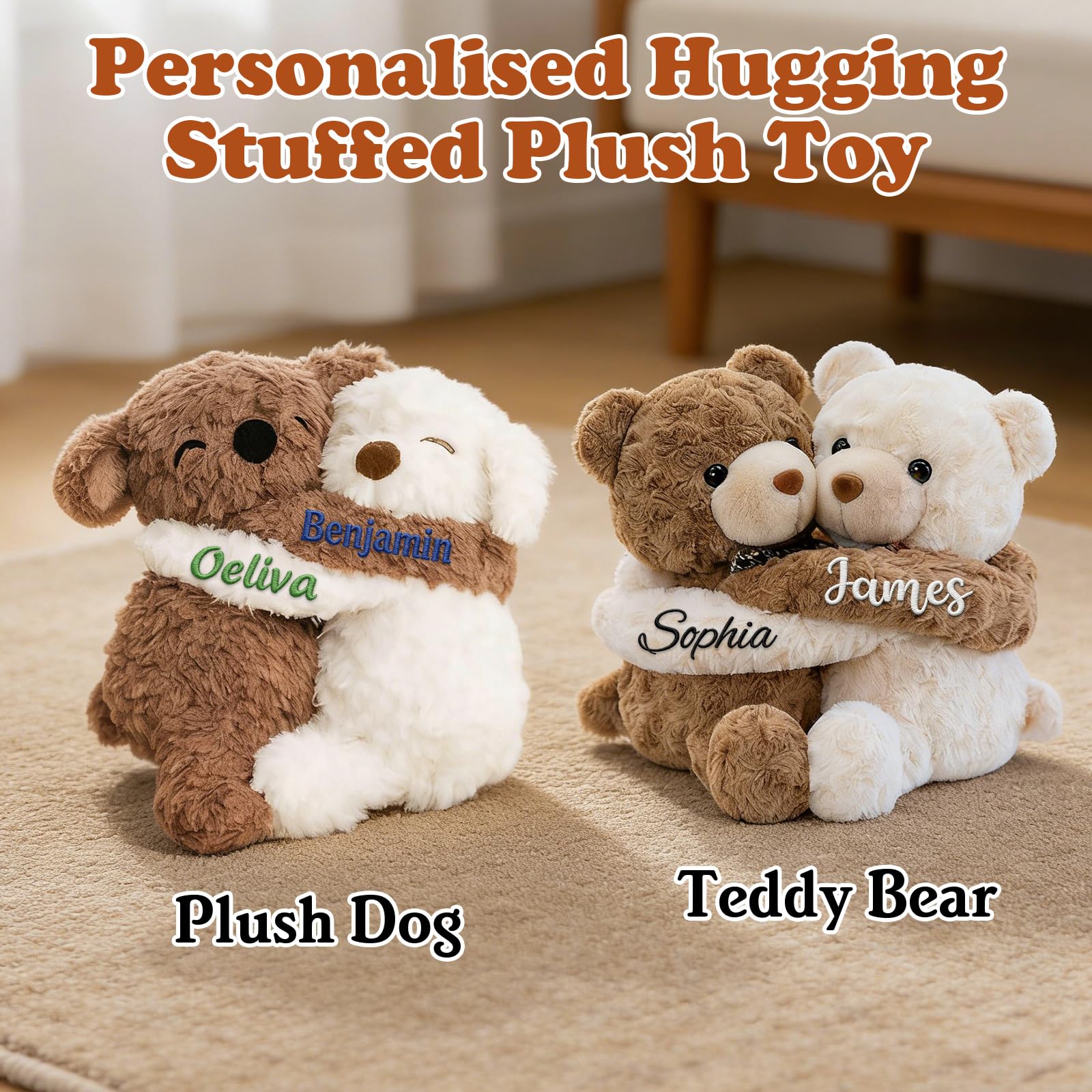 Personalized Hugging Teddy Bears, 2 Stuffed Bear or Puppy Plush Toy, Custom Embroidered Name, Romantic Gift for Couples, Room Home Decor, Birthday Anniversary Wedding Valentine's Day Gifts - 3