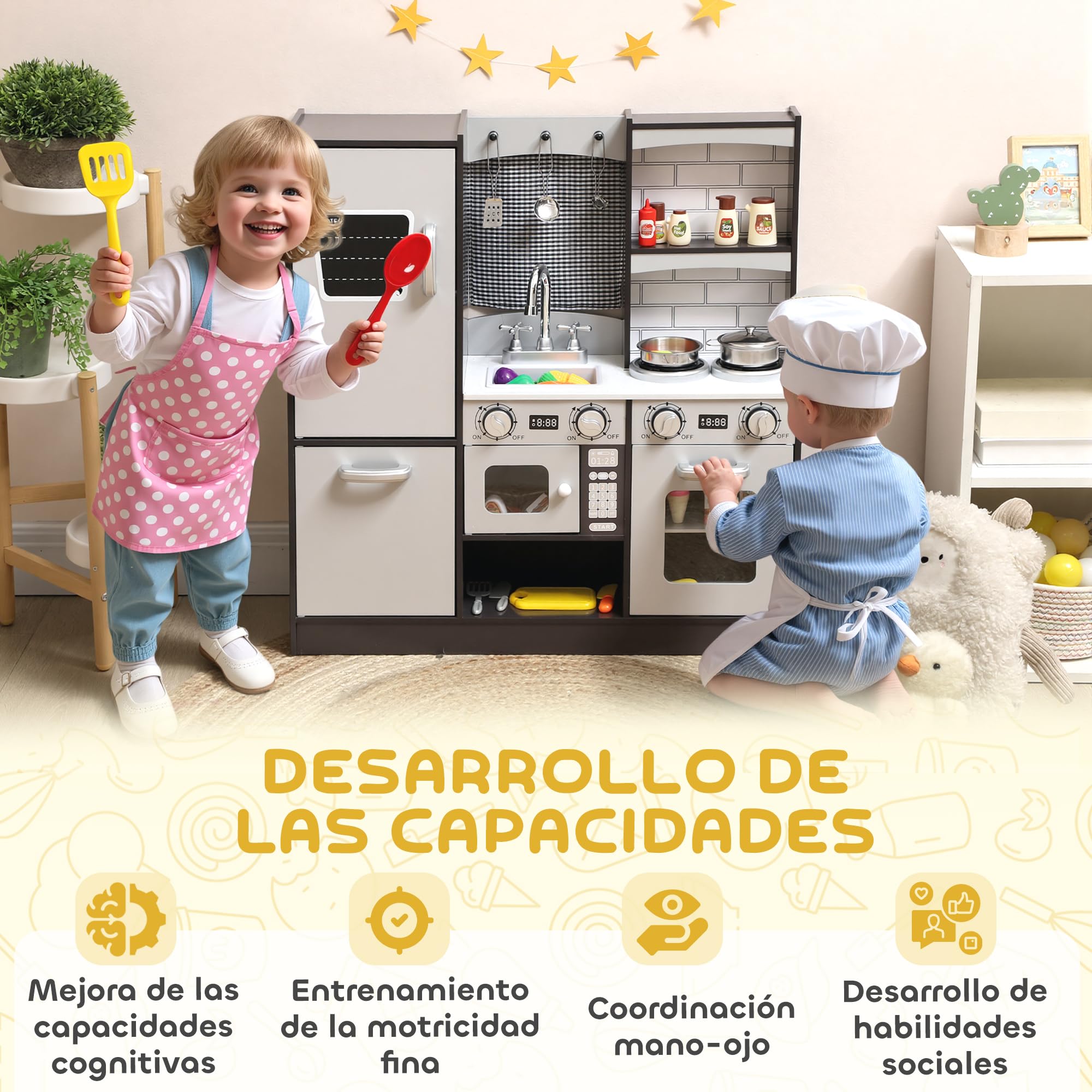 AIYAPLAY Cocina de Juguete de Madera con Sonido 81x27x79,7 cm Marrón Oscuro | Cocinita Infantil, Accesorios de Acero Inoxidable, Nevera, Microondas, Fregadero