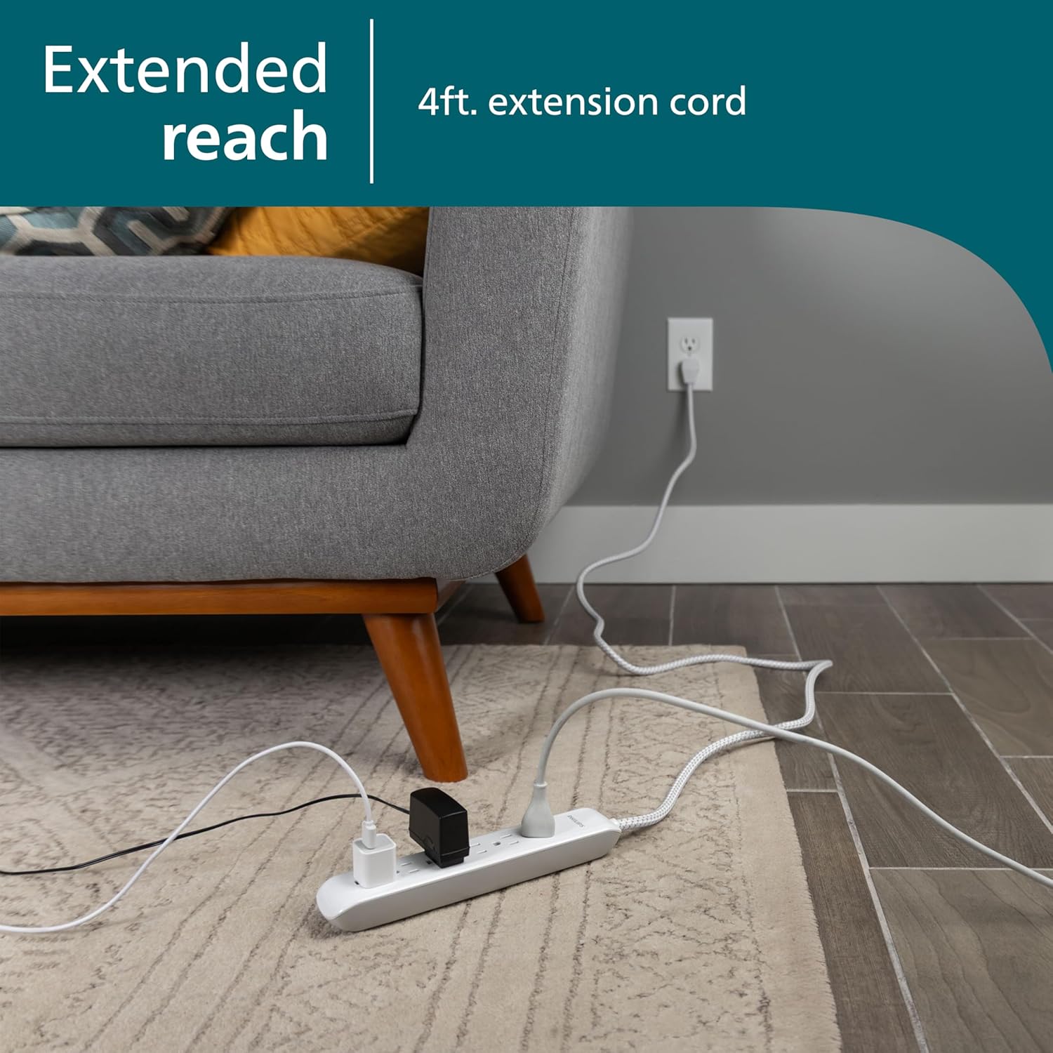 Philips 6 Outlet Surge Protector Power Strip, Designer Braided Power Cord, 4 Ft Power Cord, Flat Plug Extension Cord, Perfect for Office or Home Décor, 720 Joules, ETL Listed, White, SPC3064WE/37