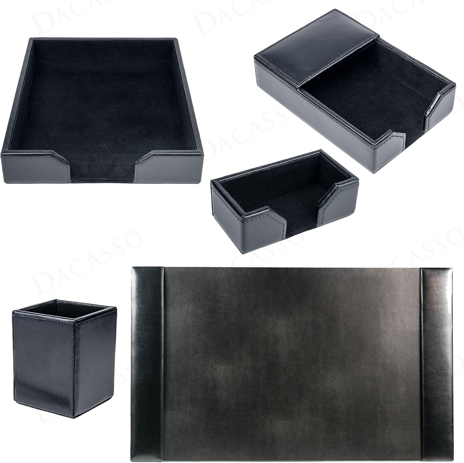 Dacasso Bonded Set Luxury Leather Desk Pad & Desk Organization Essentials, 5 Piece, Black