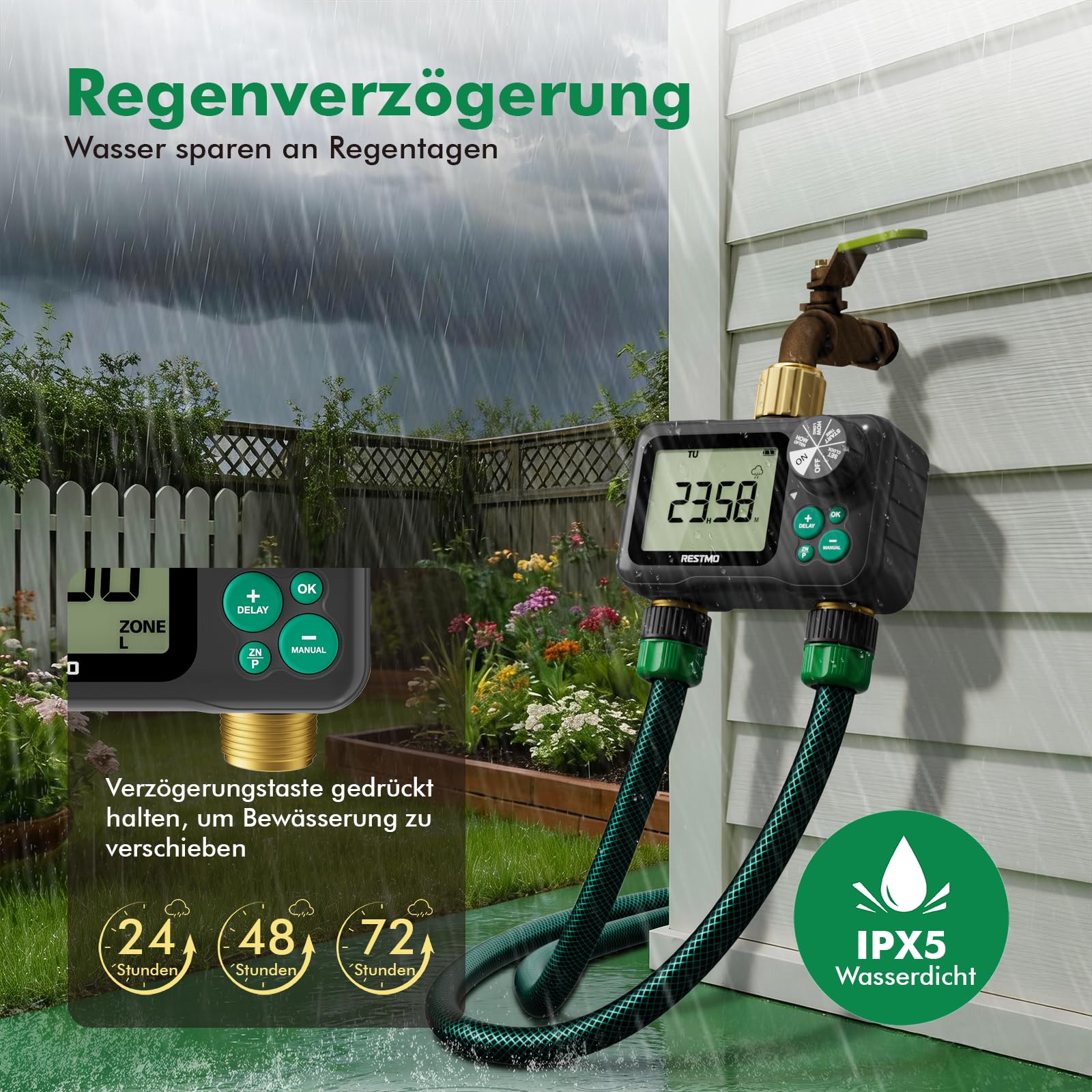 RESTMO Ordenador de riego RF de 2 zonas, temporizador de riego con mando a distancia | Automático/manual/retardo de lluvia, para manguera de jardín y grifo exterior, riego de césped