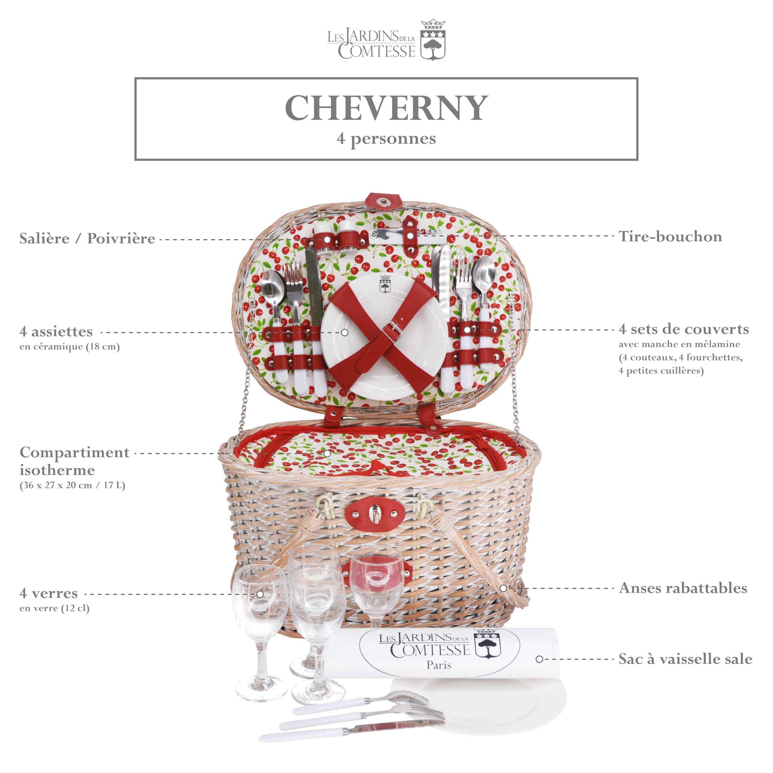 Les Jardins de la Comtesse - Panier Pique-Nique 4 Personnes Cheverny/Complet – Compartiment Isotherme - Panier pour Picnic en Osier - Forme et Tissu Original avec Motif Cerise- 45 x 31 x 24 cm