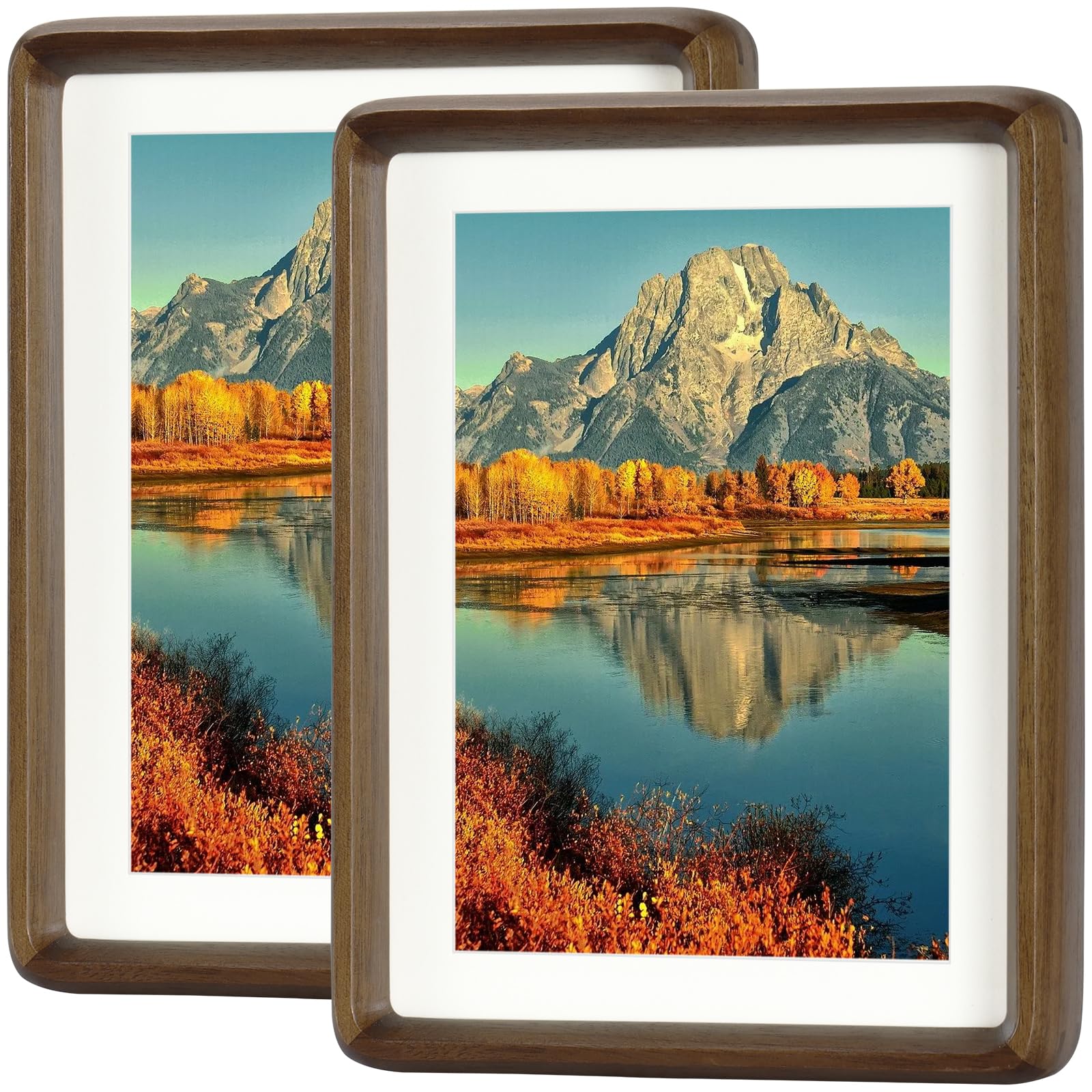 HELPLEX 6x8 Premium Picture Frame Set of 2 - Solid Walnut Wood with HD Tempered Glass, Convertible 5x7 Matted or 6x8 Frameless Display, Wall or Tabletop Frame - Home Gallery, Memories Made Easy