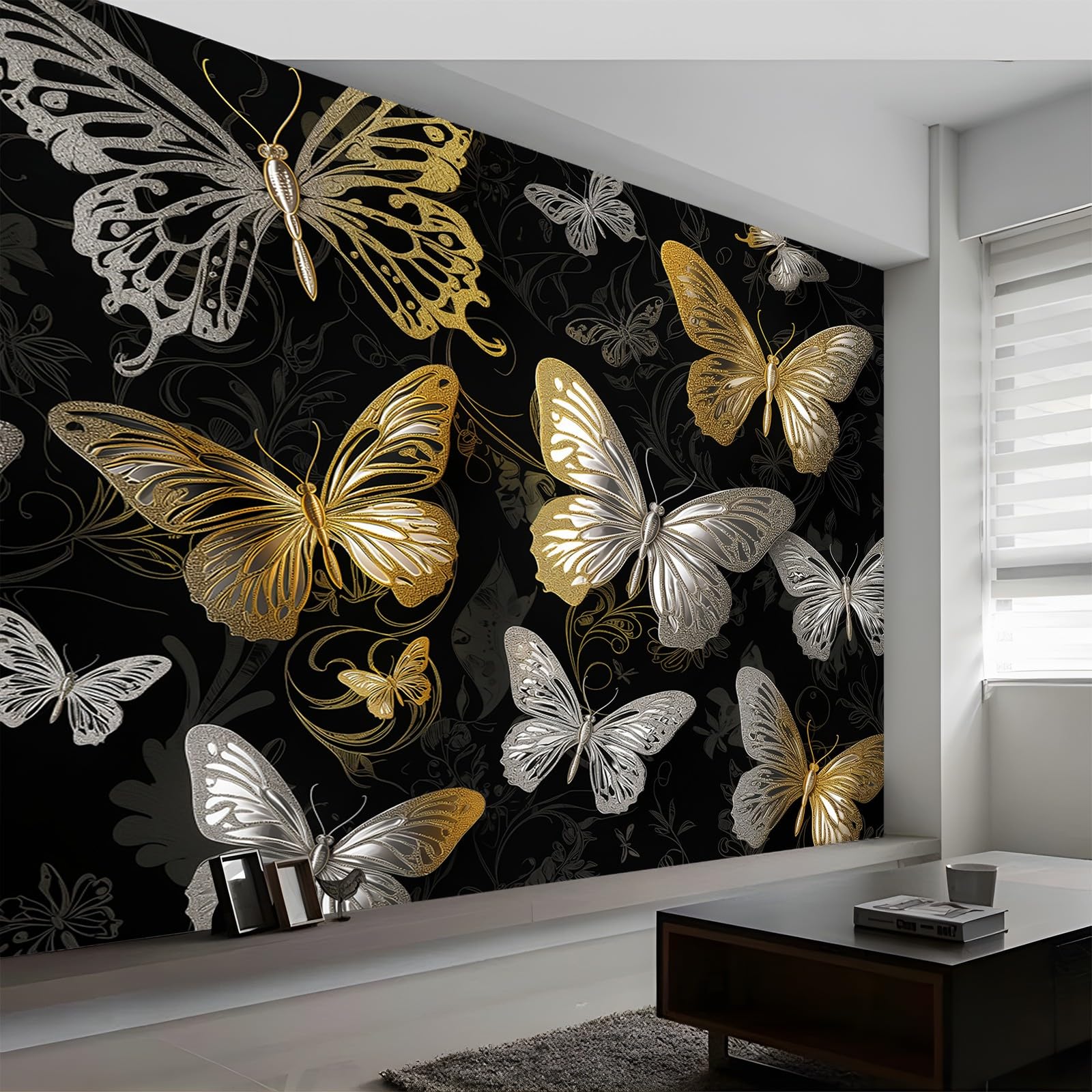 Carta da parati Carta da parati fotografica Decorazione Farfalla D'oro E D'argento TNT Premium Stampa artistica Poster Design Moderno 300 x 210 cm Fotomurale per Soggiorno Camera da letto